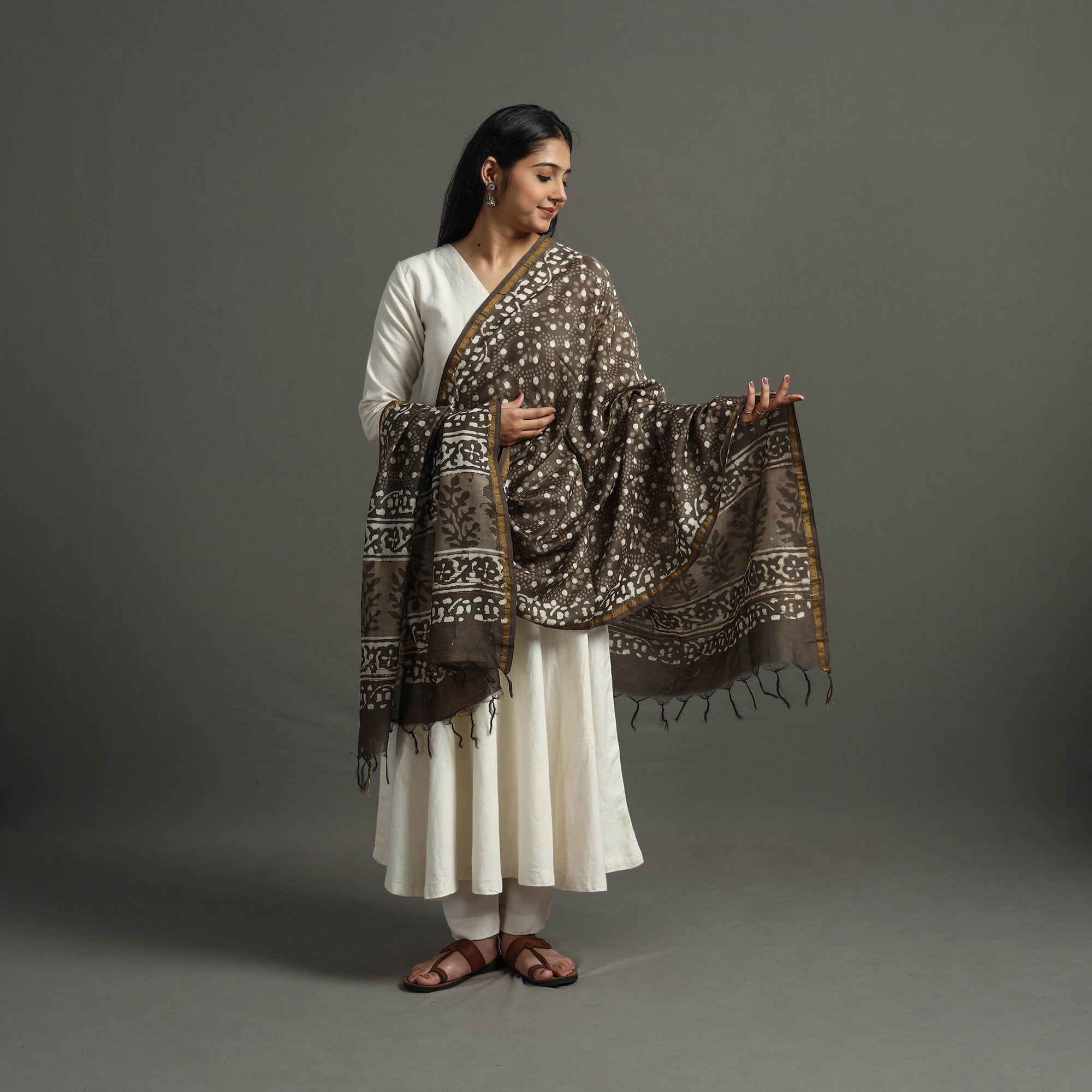BAGRU DABU PRINTS Brown - Block Printed Chanderi Silk Bagru Dupatta 69 - view 2