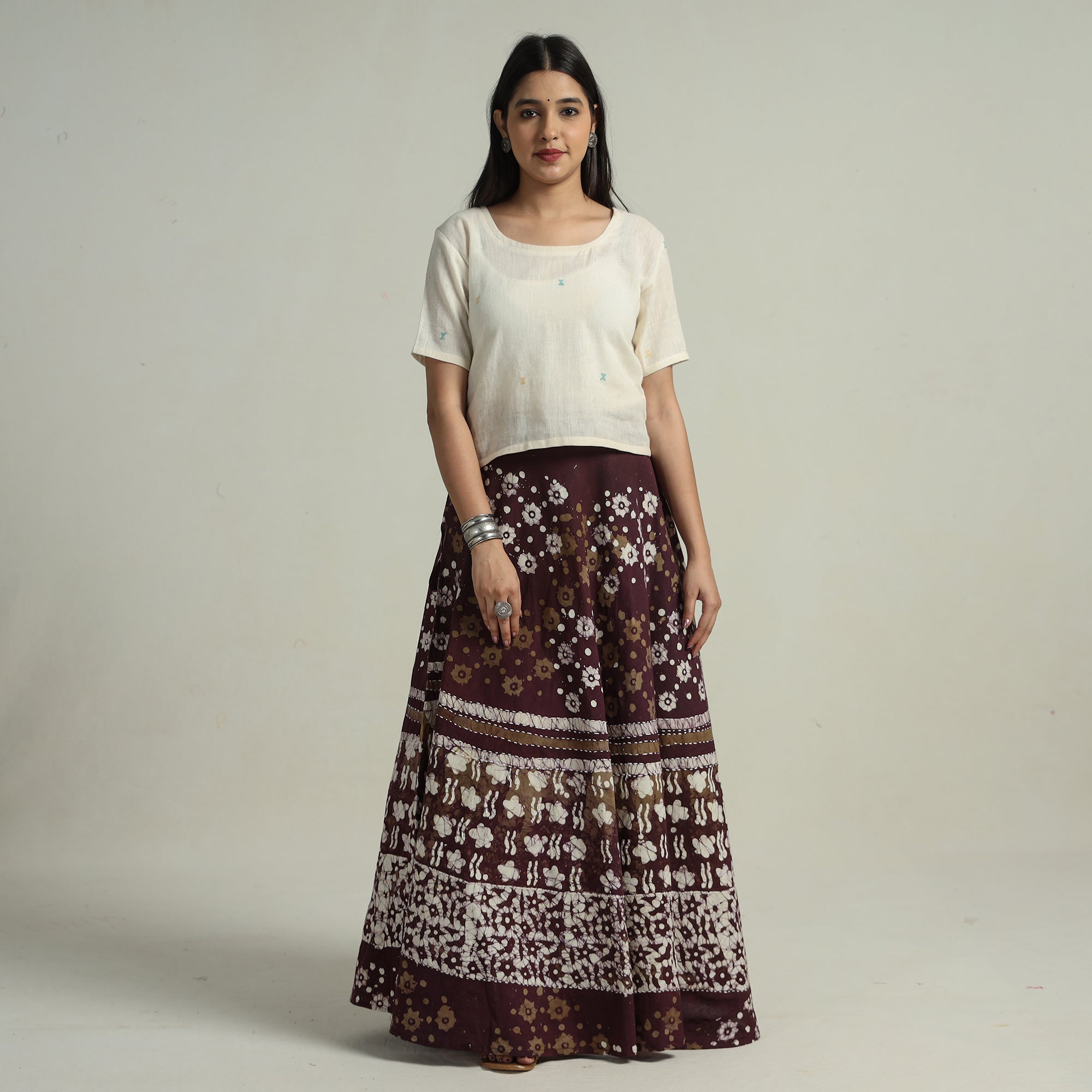 KACHCHH JI CHHAAP Brown - Batik Printed Running Stitch Cotton Long Skirt 124