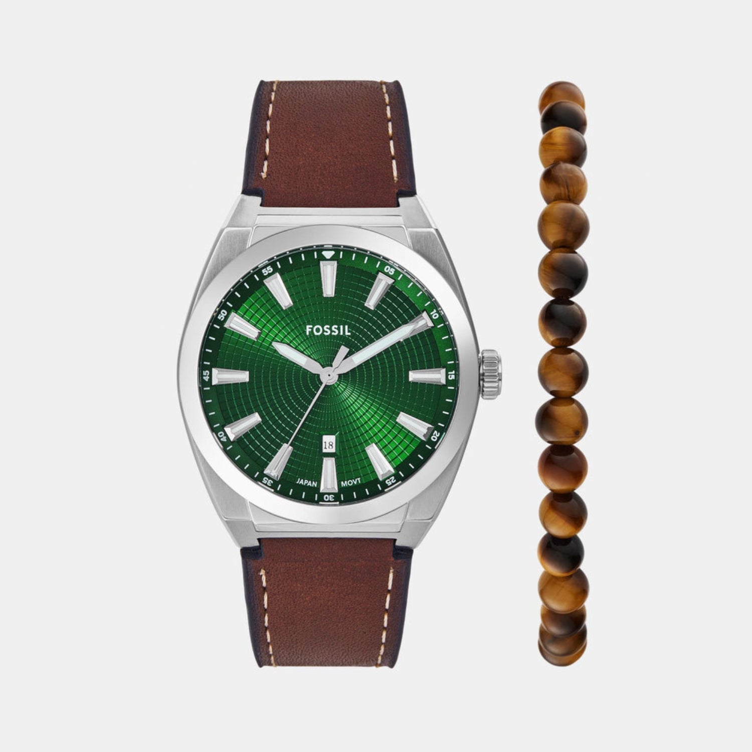 Fossil Everett Men Quartz Green Dial Analog Leather Watch FS6080SET