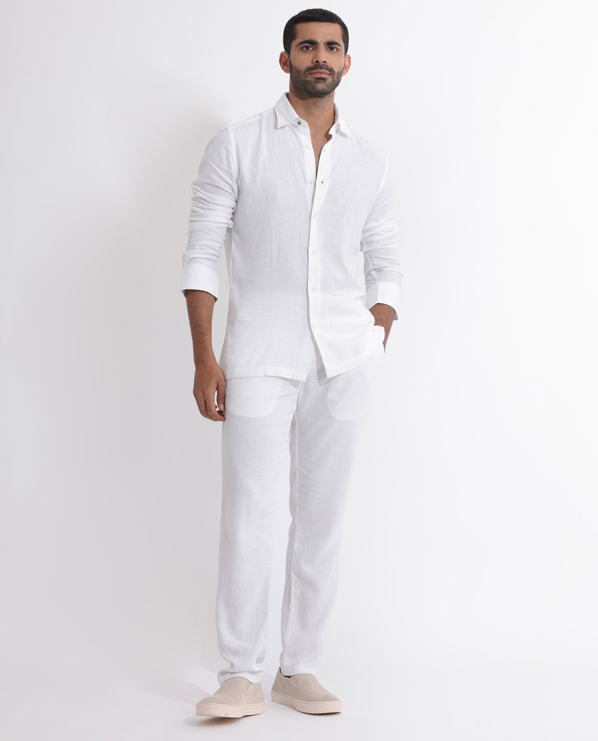 Rare Rabbit Men's Lunet White Linen Full Sleeves Solid Shirt - view 5
