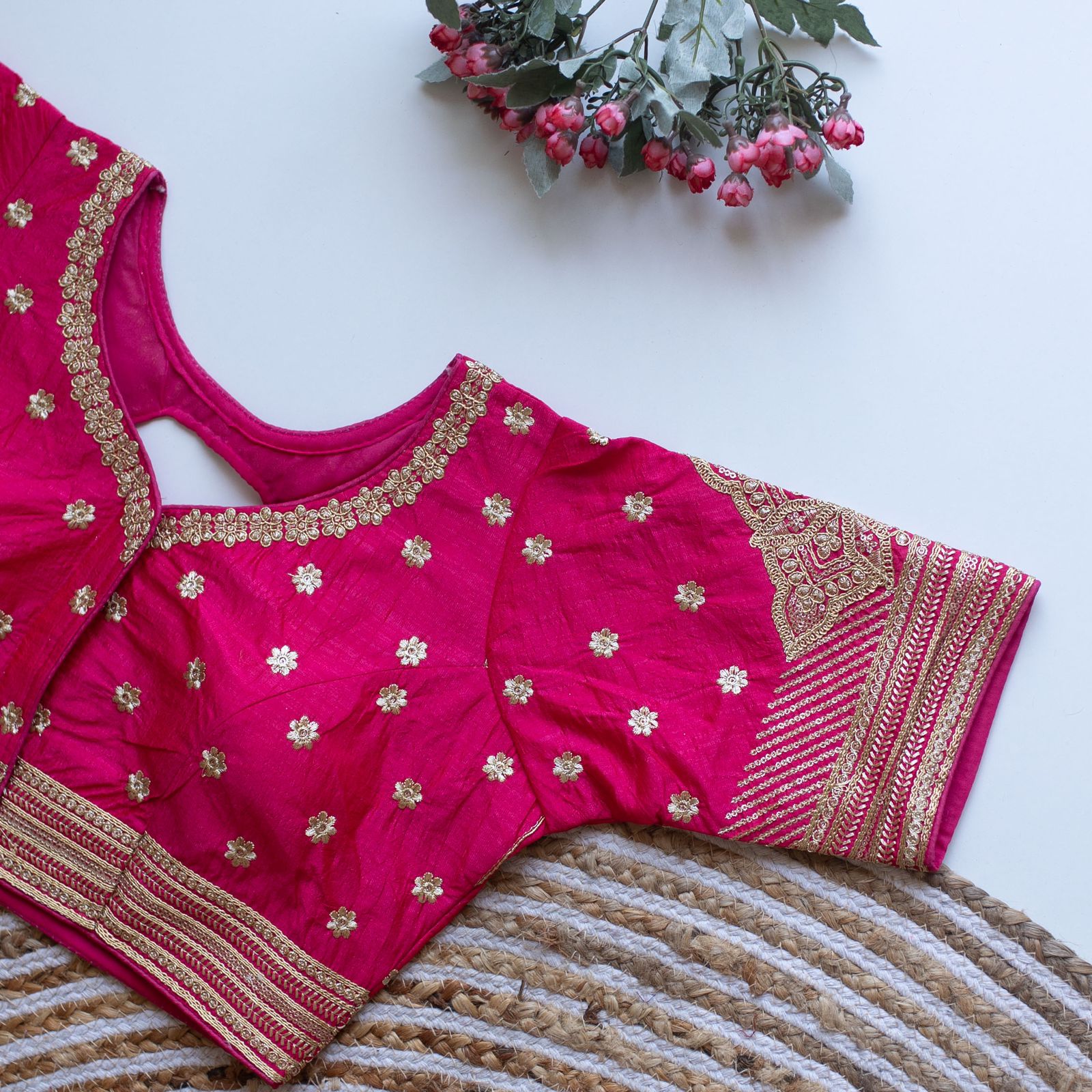ClothsVilla Magenta Golden Embroidered Blouse with Sequins – Caterpillar Silk Elegance