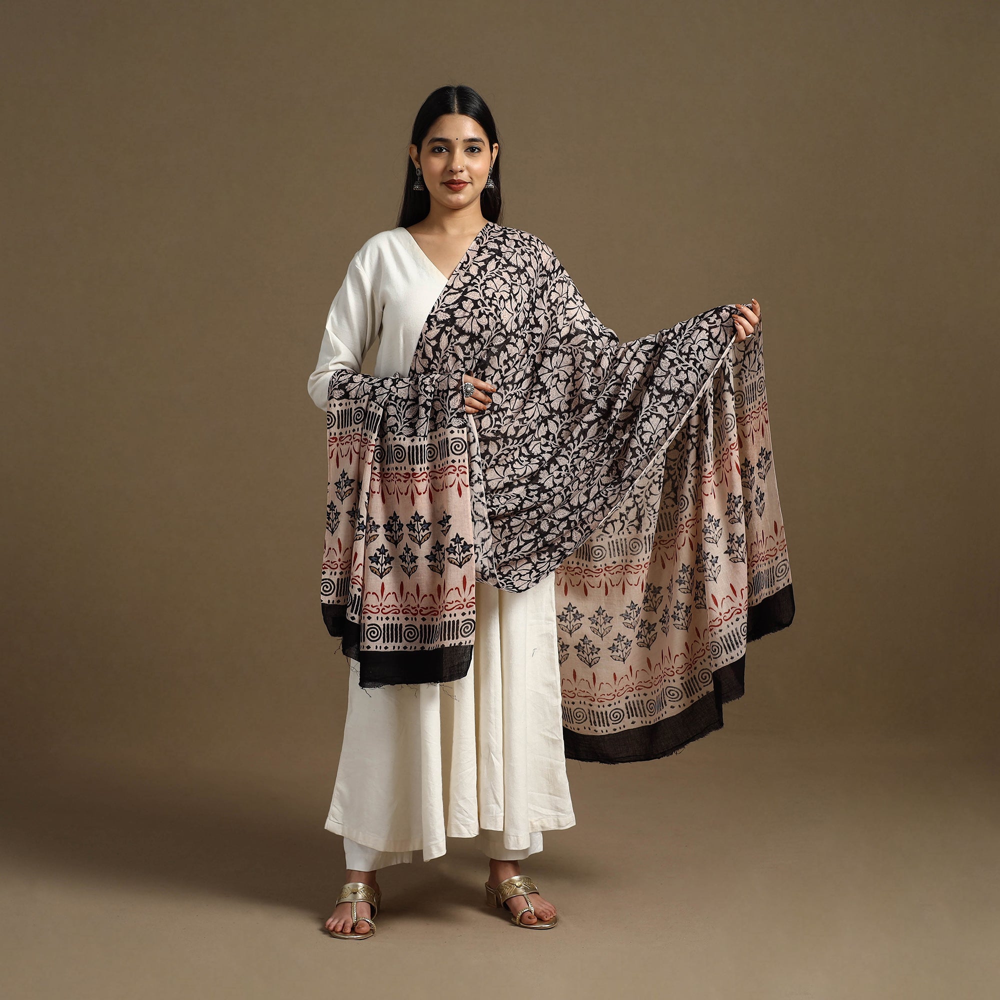 ARTISAN HAND BLOCK PRINTS Black - Block Print Mul Cotton Bagru Dupatta 25