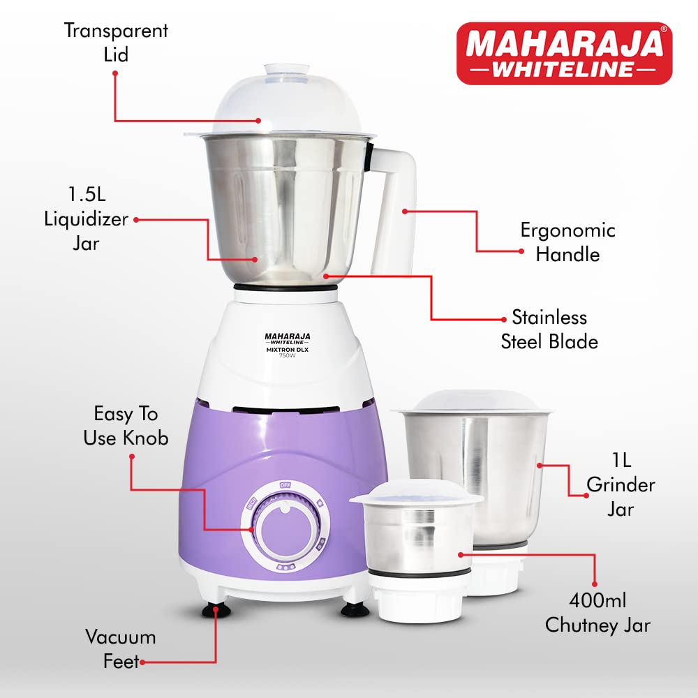 Maharaja Whiteline Mixtron DLX 750 Watts Mixer Grinder with 3 jars | Laverder & White - view 4