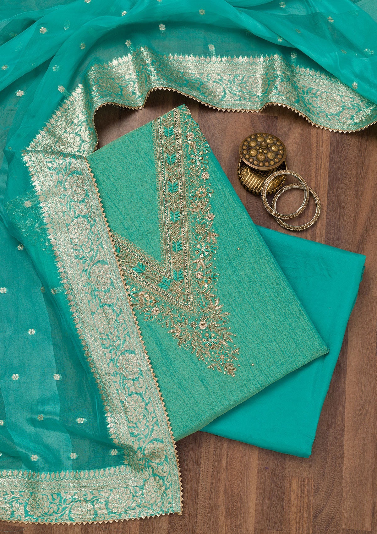 Koskii Sea Green Zariwork Raw Silk Unstitched Salwar Suit