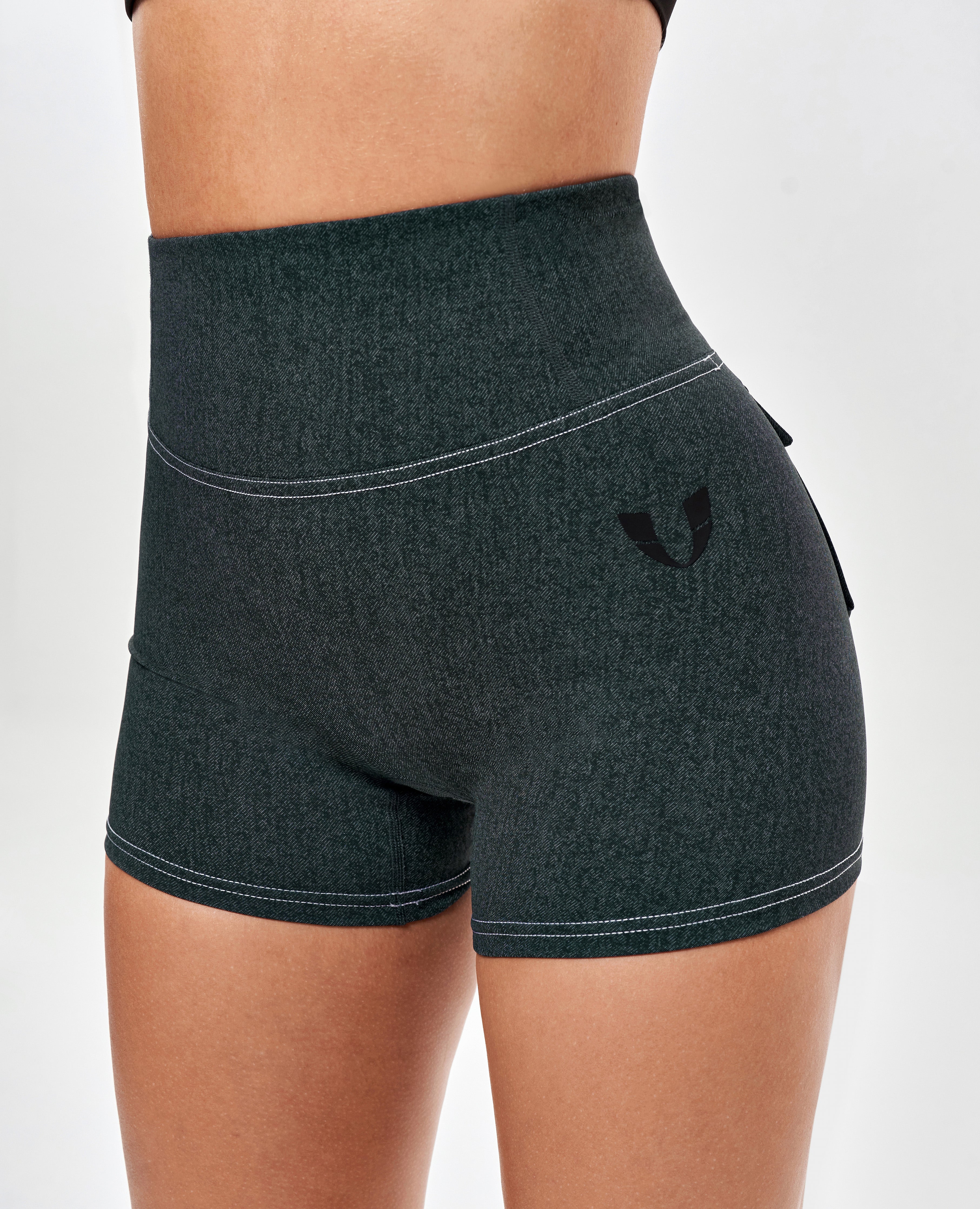 FIRM ABS High Waist Cargo Shorts - Denim Green - view 4