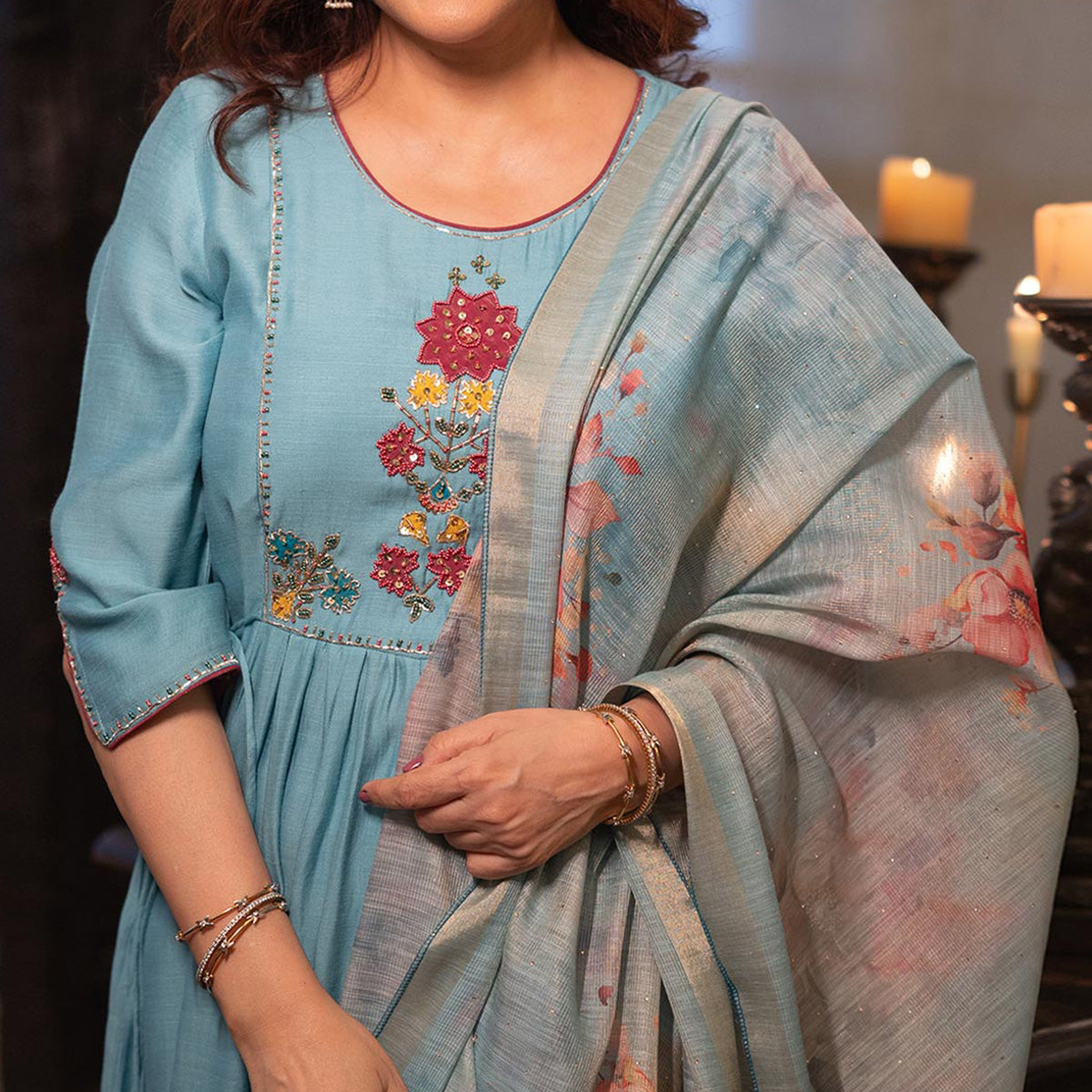 Peachmode Sky Blue Neck Embroidered Viscose A-Line Salwar Suit - view 2
