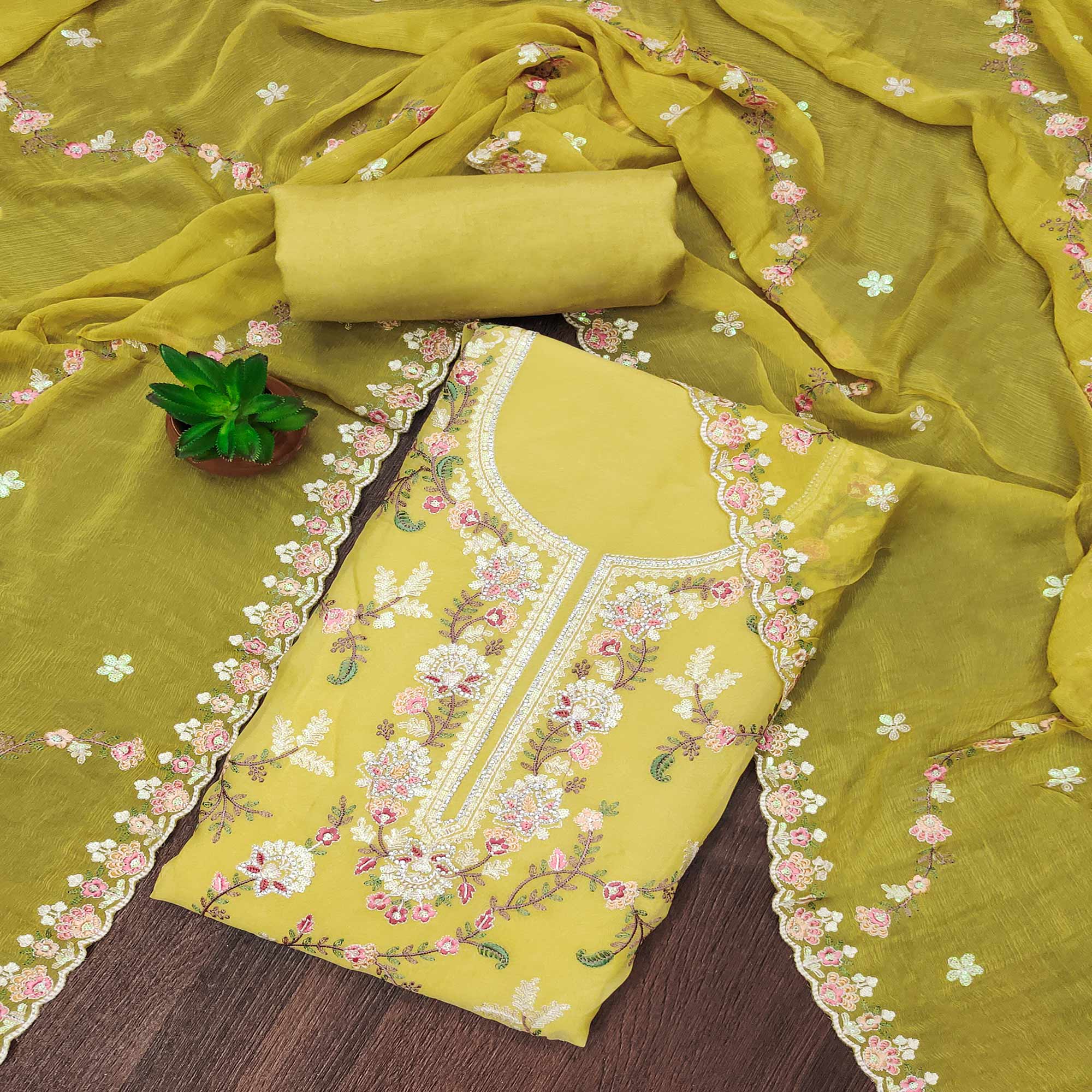 Peachmode Lemon Yellow Floral Sequins Embroidered Georgette Dress Material