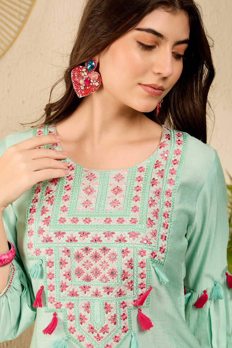 Ahika Sea Green Viscose Rayon Solid Embroidered Straight Salwar Kurta Set VKSET1528 - view 2