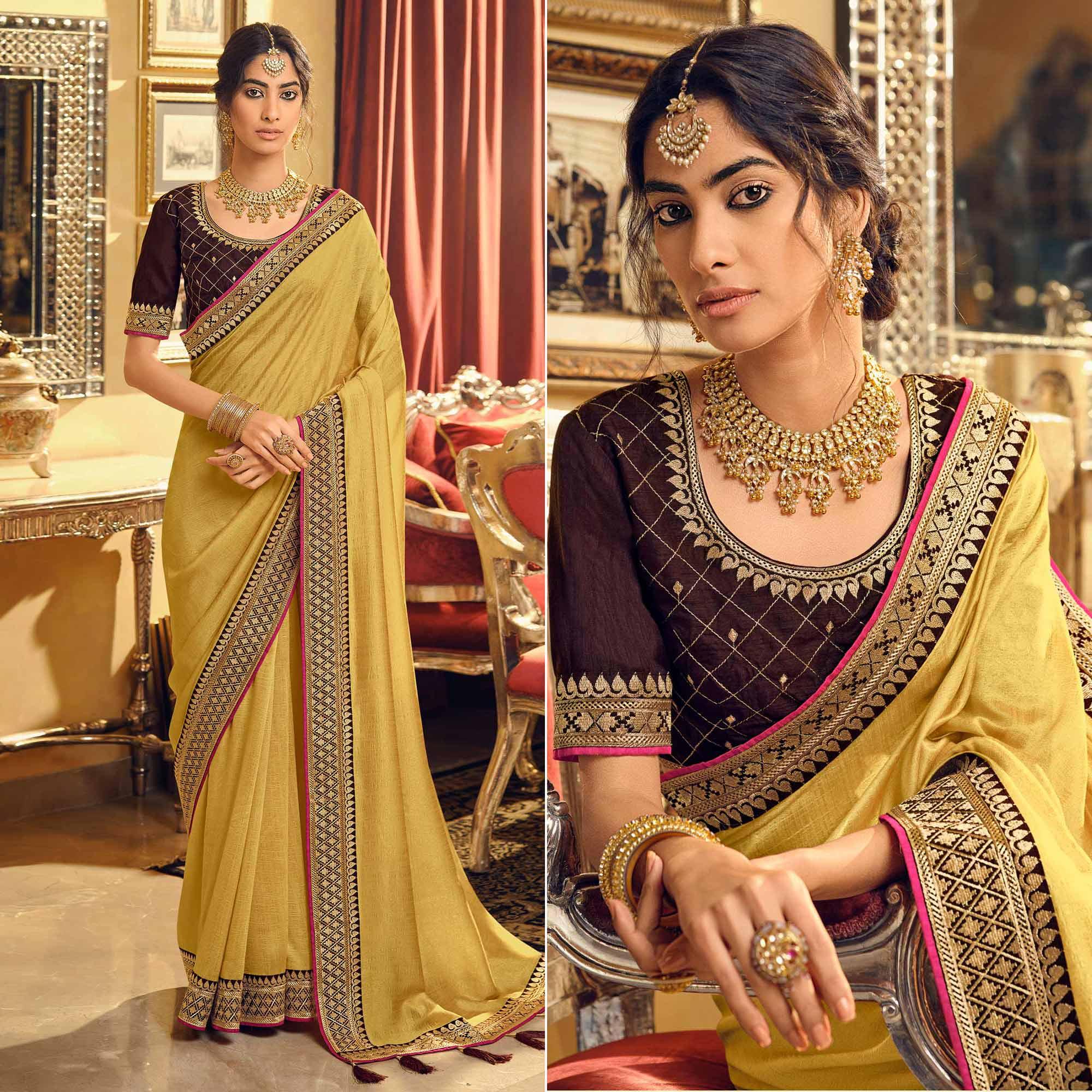 Peachmode Light Yellow Partywear Embroidered Silk Saree