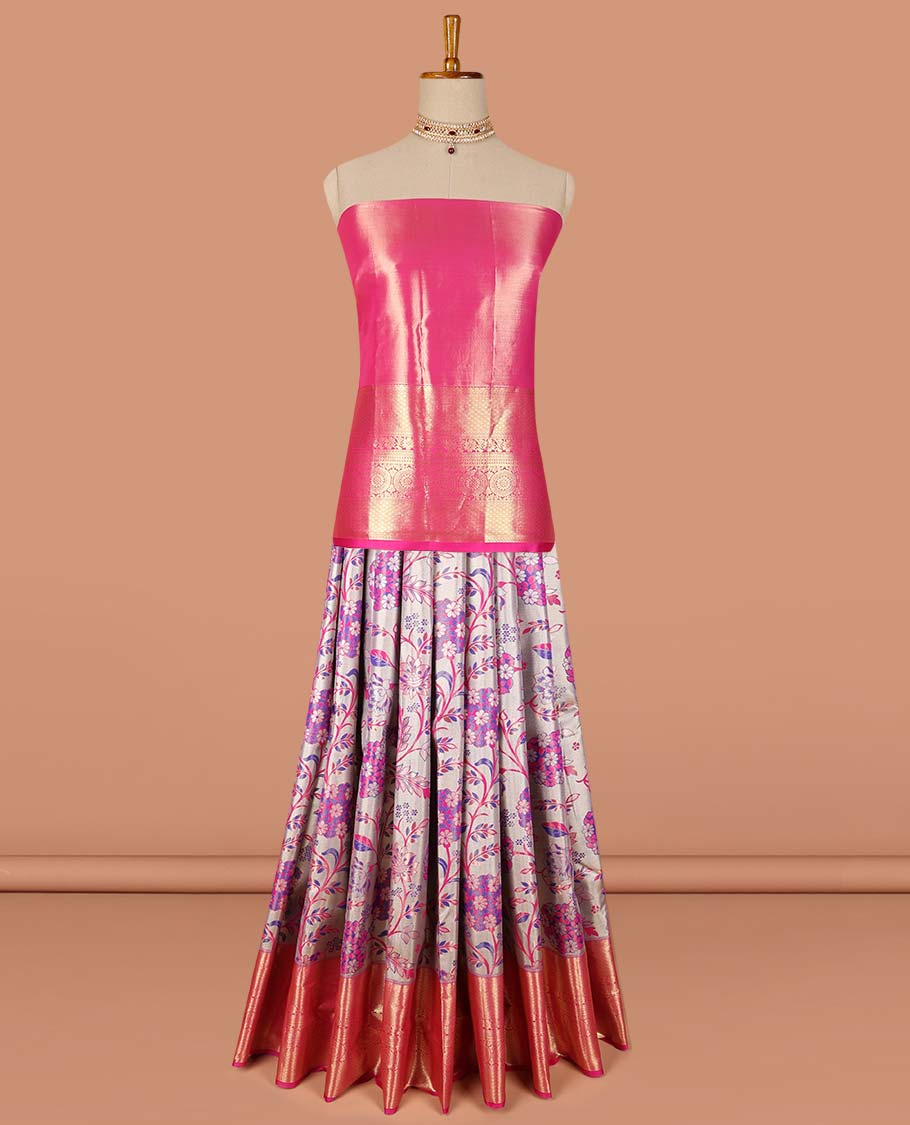 Pothys Grey floral vine design art-silk half saree, contrast traditional zari border,zari design blouse & intricate dhavani - view 2
