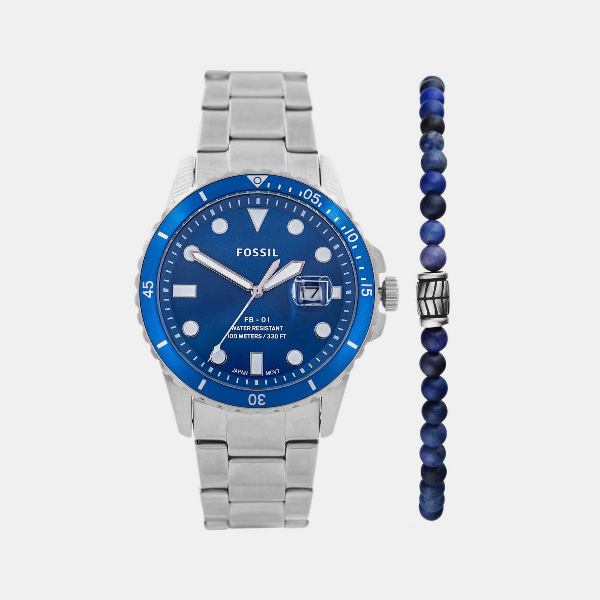 Fossil Fb-01 Men Quartz Blue Dial Analog Stainless Steel Watch FS5969SET