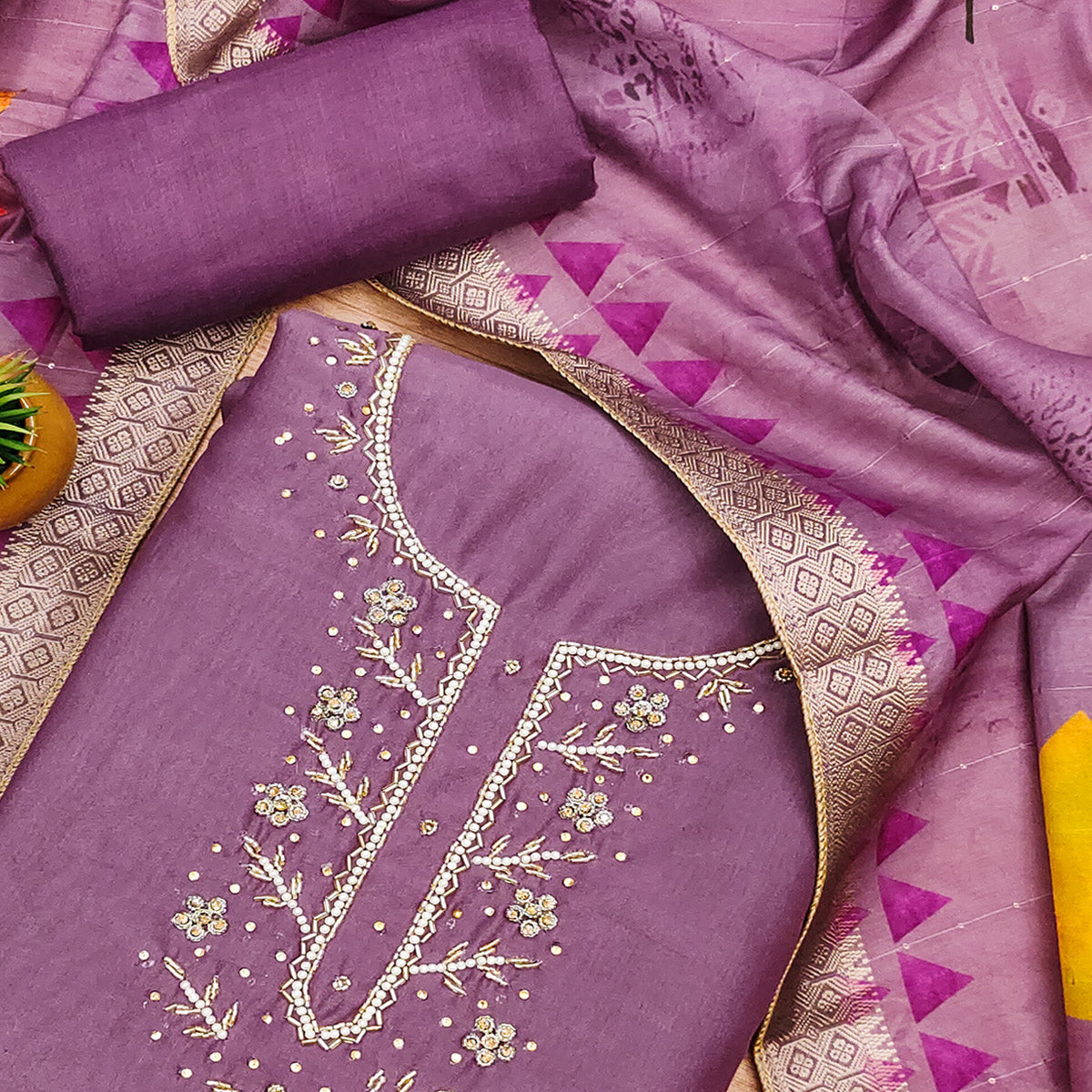 Peachmode Purple Handwork Simmer Jacquard Dress Material - view 2