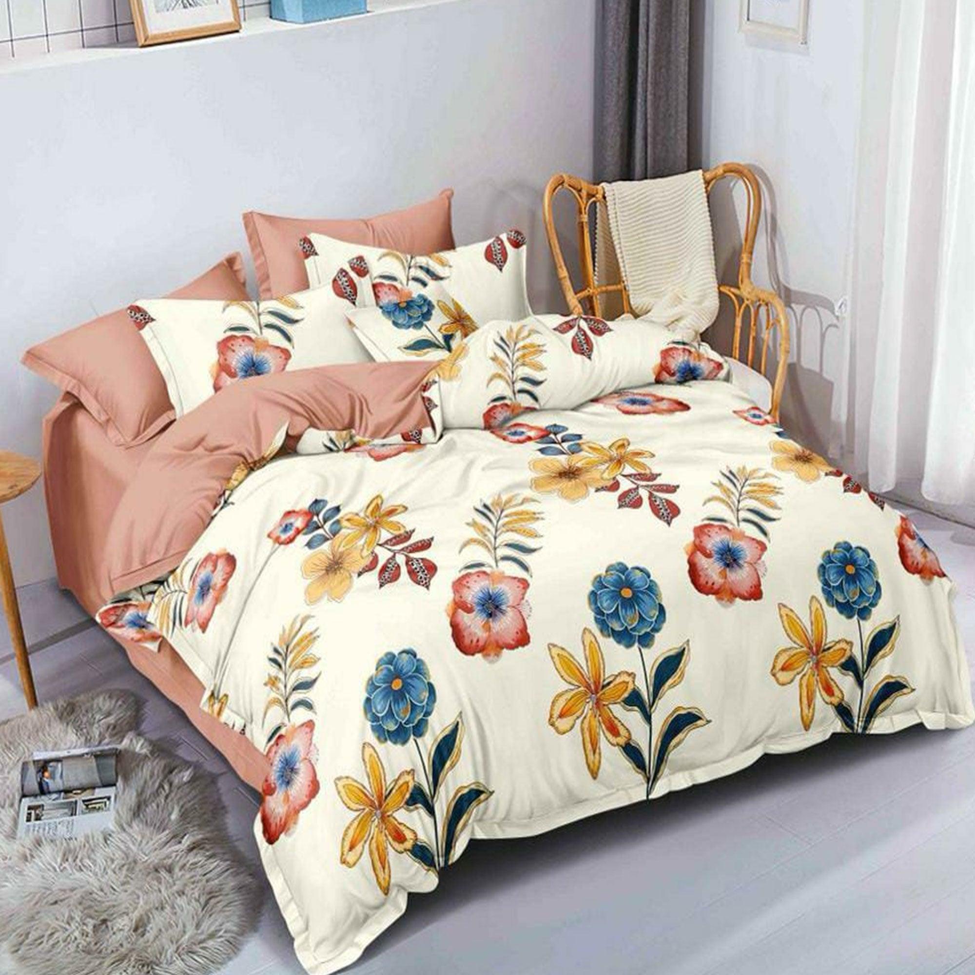 Peachmode Cream Floral Printed Cotton Blend Double Bedsheet With Pillow Cover