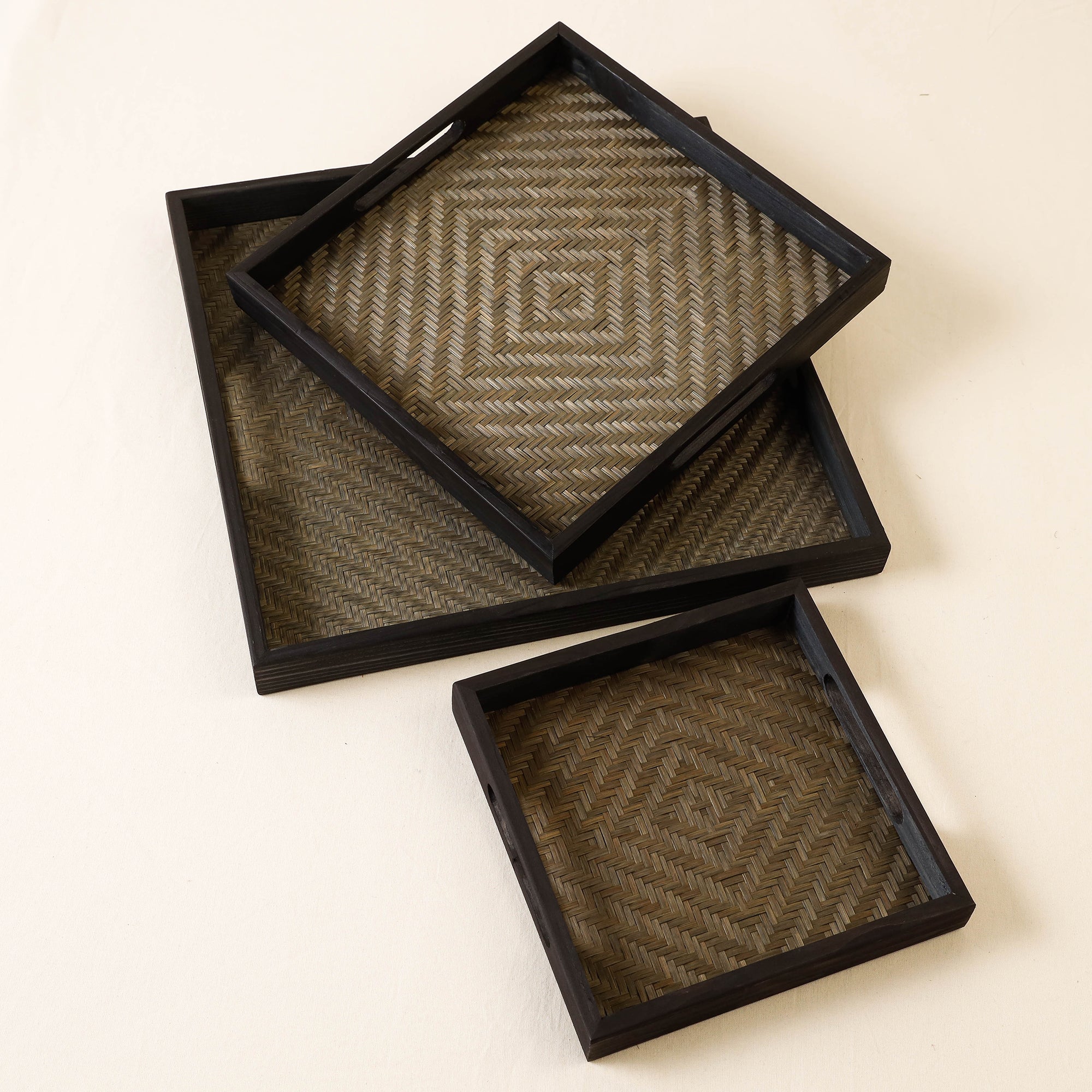 Black - Kadam Haat Handmade Bamboo Square Tray ( Set of 3) - view 3