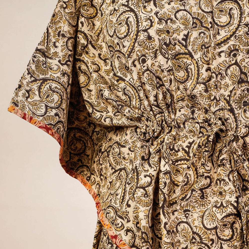 CHUTNEY CRAFT STUDIO Beige - Block Print Cotton Kalamkari Kaftan with Tie-Up Waist (Medium) - view 2