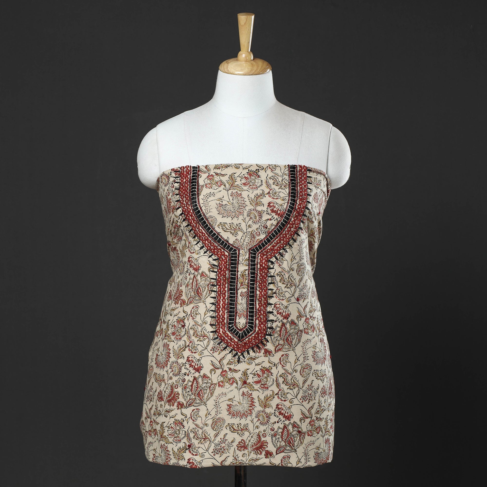 NOORI BAZAR Beige - Kalamkari Block Printed Thread & Bead Work Embroidered Cotton Kurta Material - 2.6 Meter