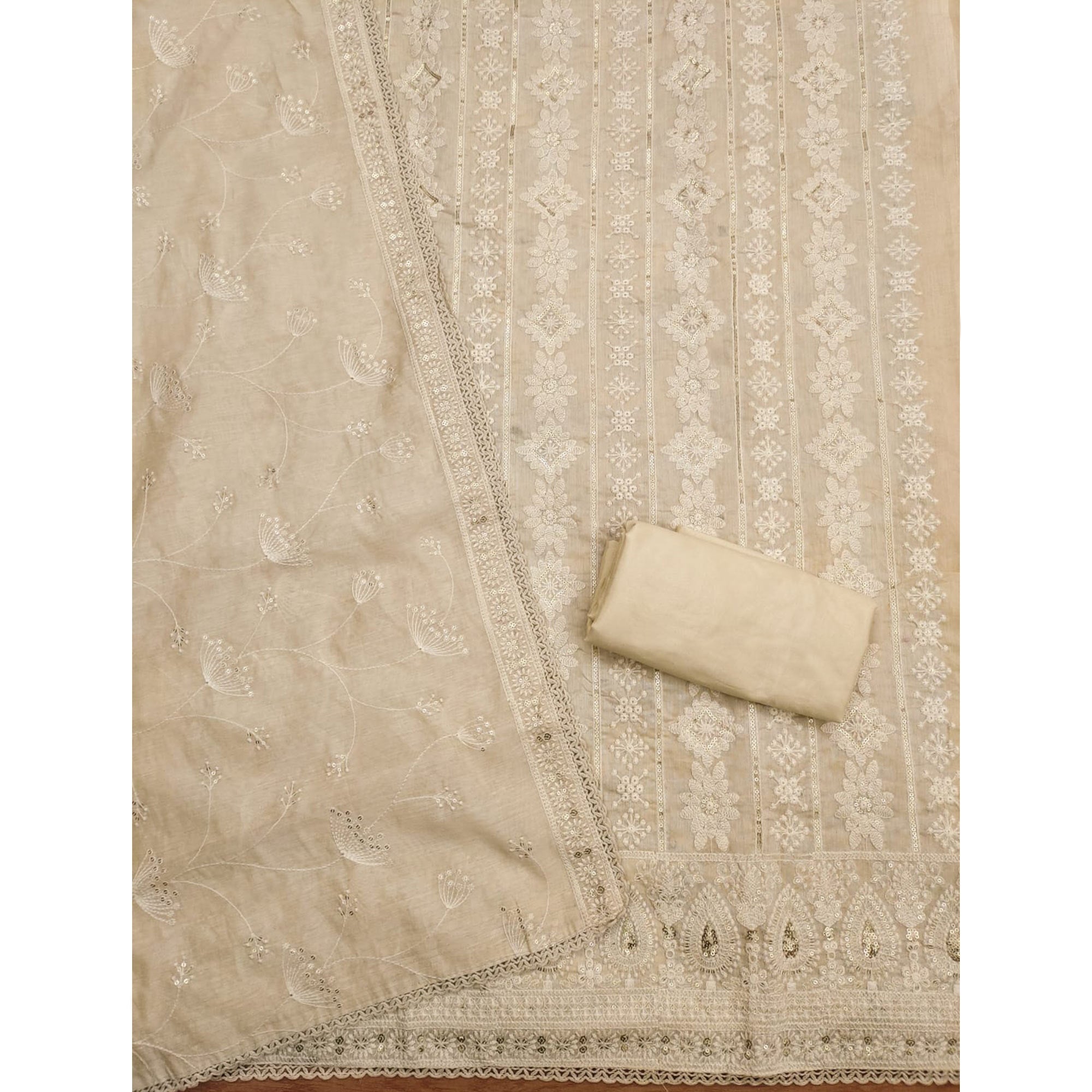 Peachmode Cream Sequins Embroidered Chanderi Silk Dress Material - view 4