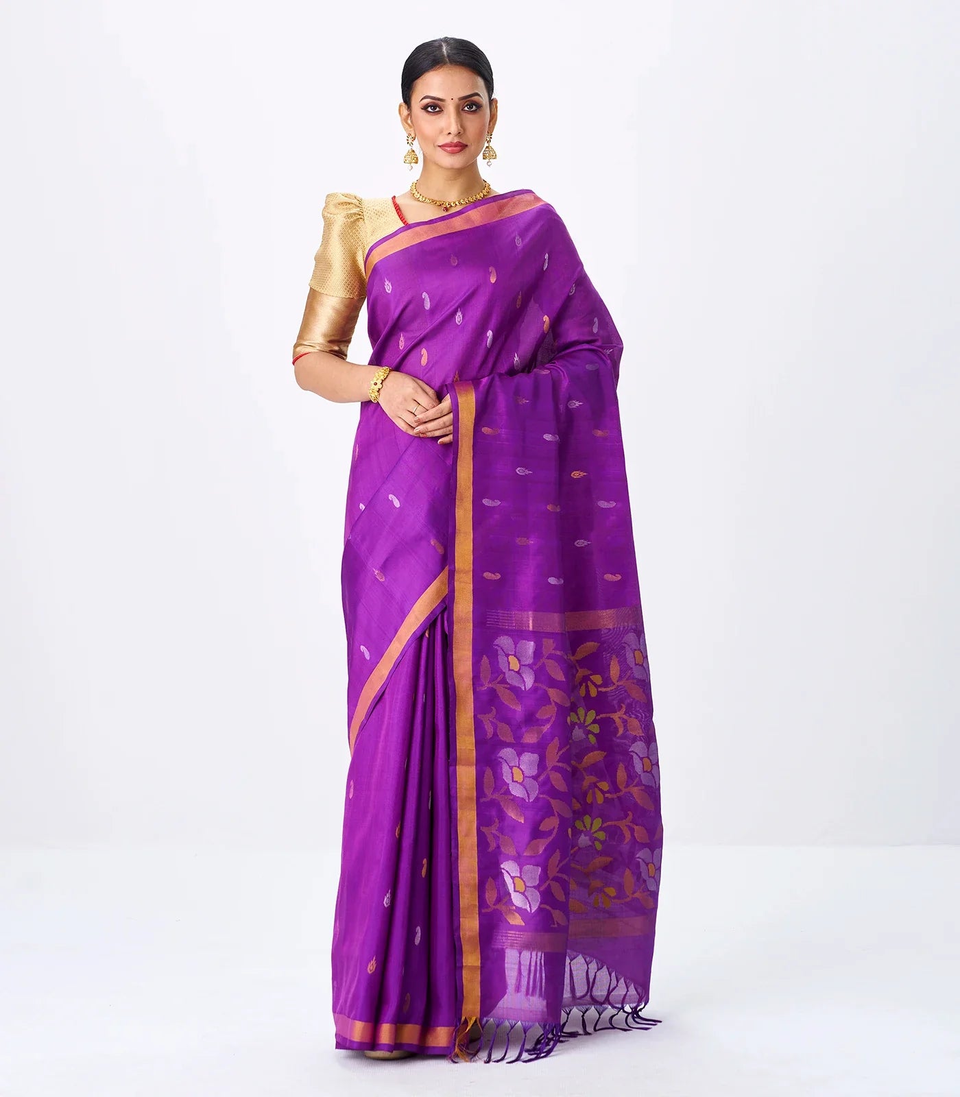 RmKV Purple Handloom Uppada Silk Saree With Zari Buttas