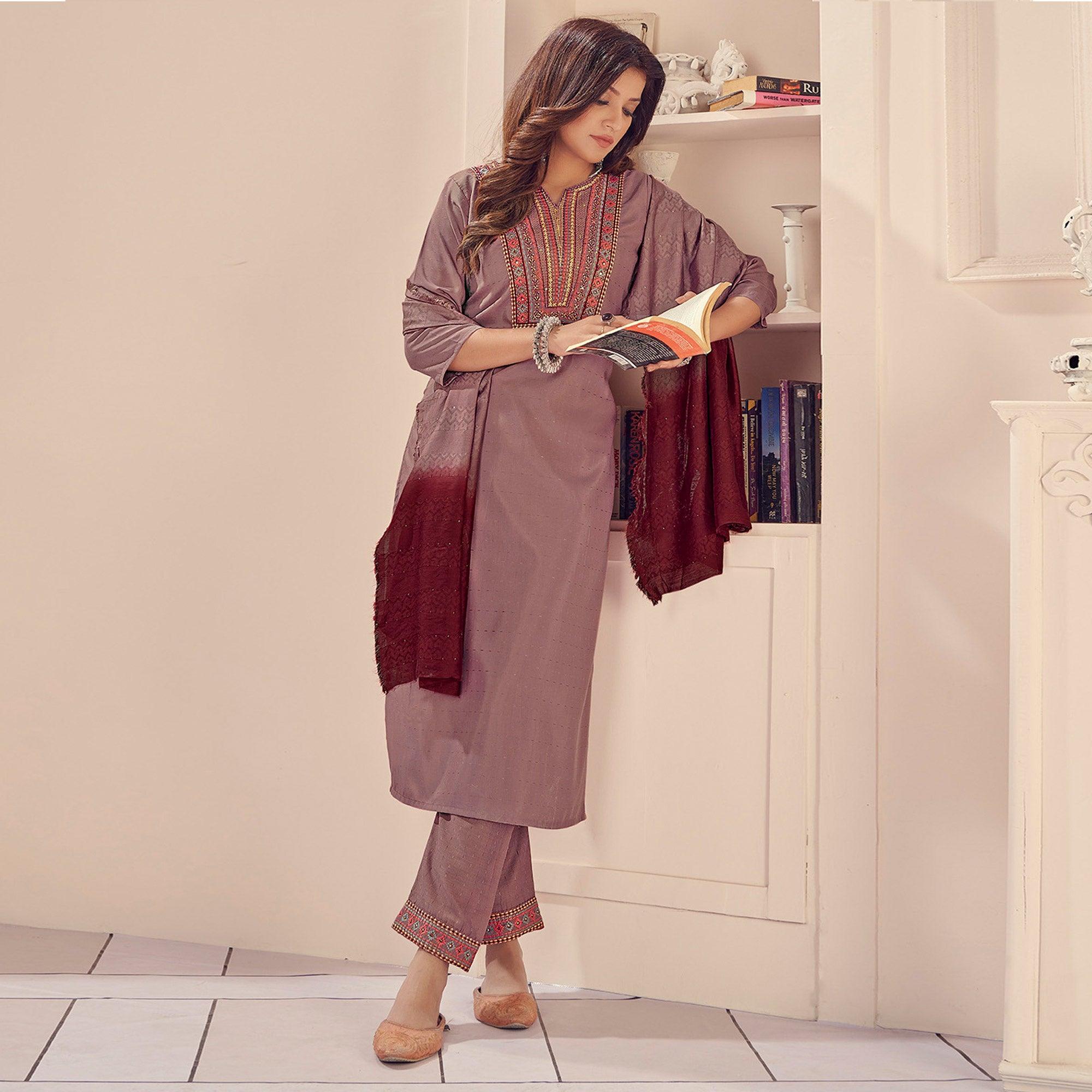Peachmode Seller Mauve Embroidered With Embellished Chiffon Kurti Pant Set With Dupatta - view 2