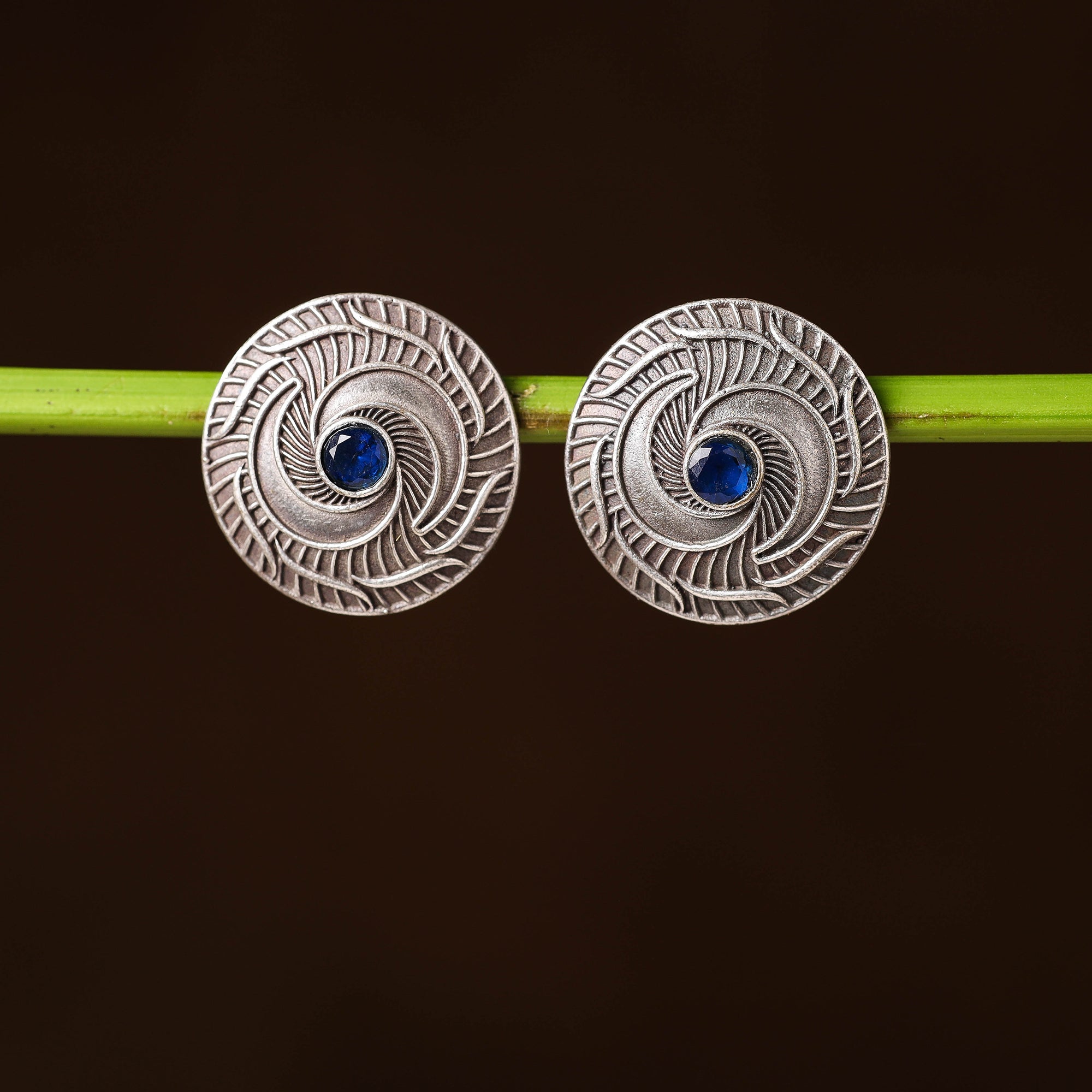 WHITE RIVER STORIES Antique Silver Finish Oxidised Brass Base Stone Work Stud Earrings