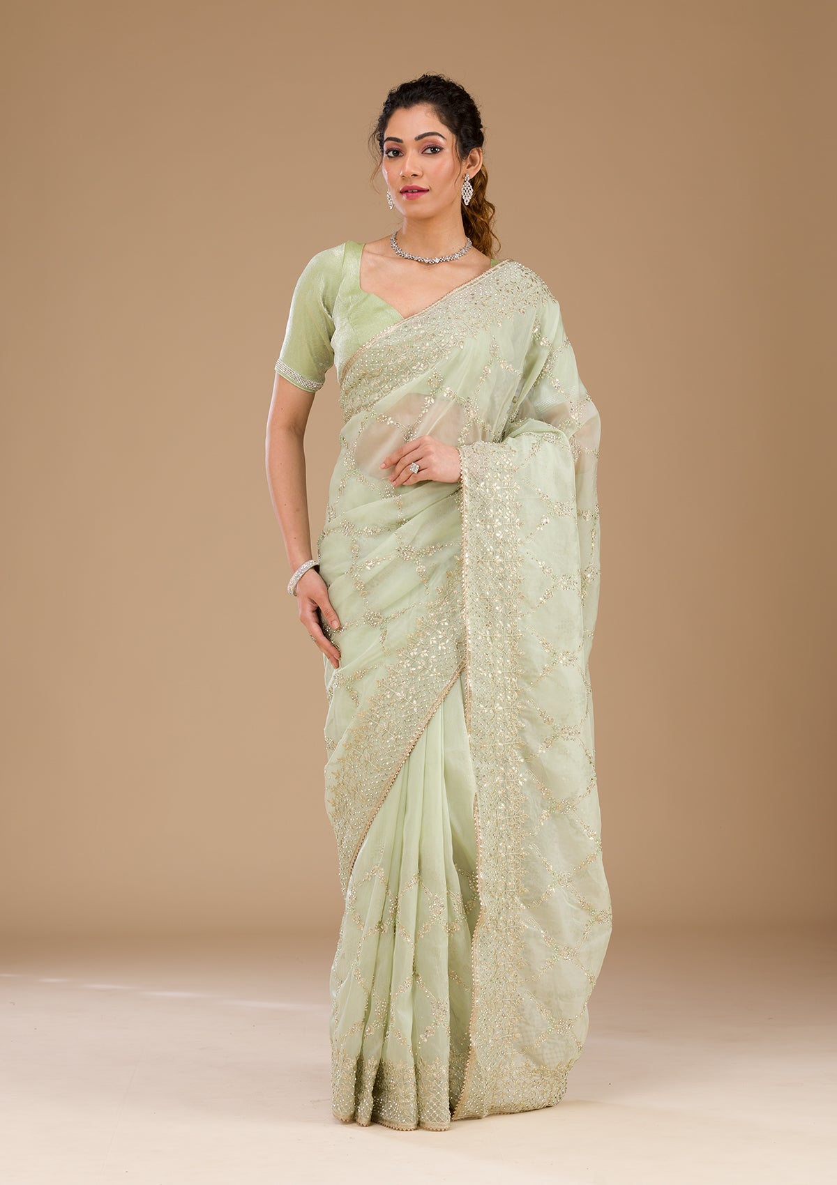 Koskii Pista Green Gotapatti Tissue Saree – Women's - view 3