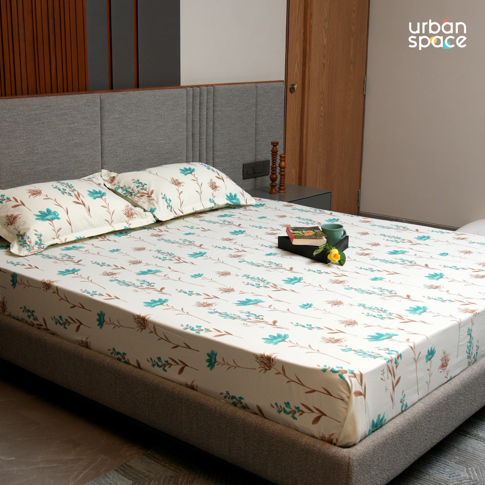 Urban Space -Home Furnishing Store Serene 200 TC 100% Cotton Bedsheet with Pillow Covers - Orchid Blooms - Turquoise