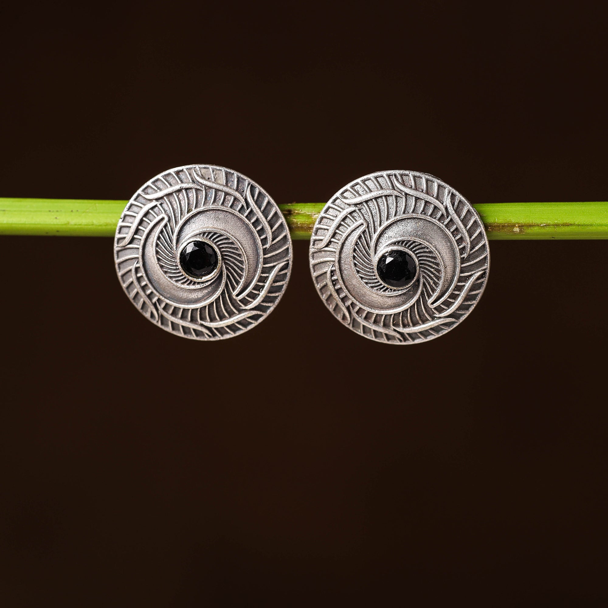 WHITE RIVER STORIES Antique Silver Finish Oxidised Brass Base Stone Work Stud Earrings