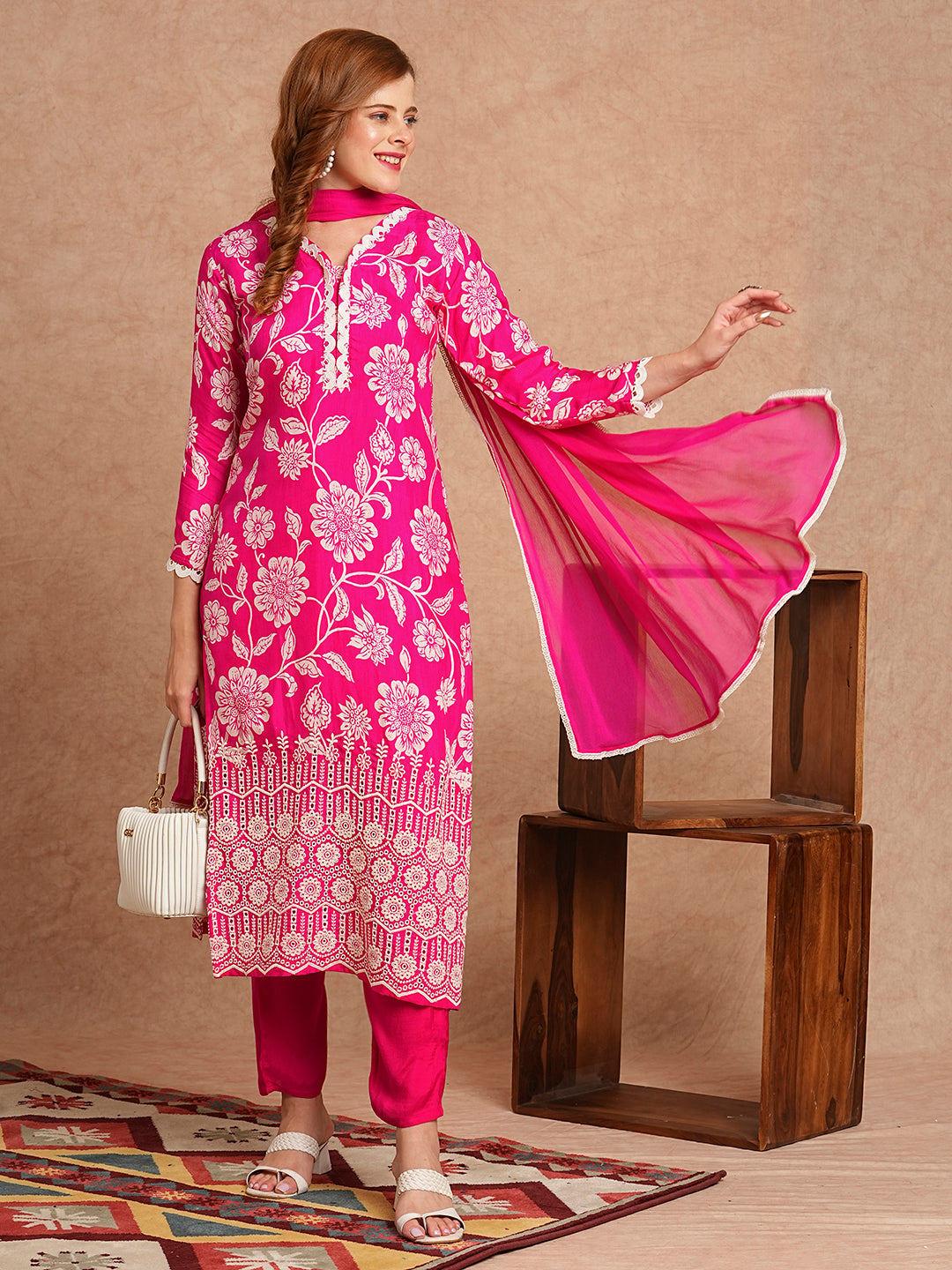 FASHOR Floral Printed Schiffli Embroidered Straight Fit Kurta with Pant & Dupatta - Fuchsia