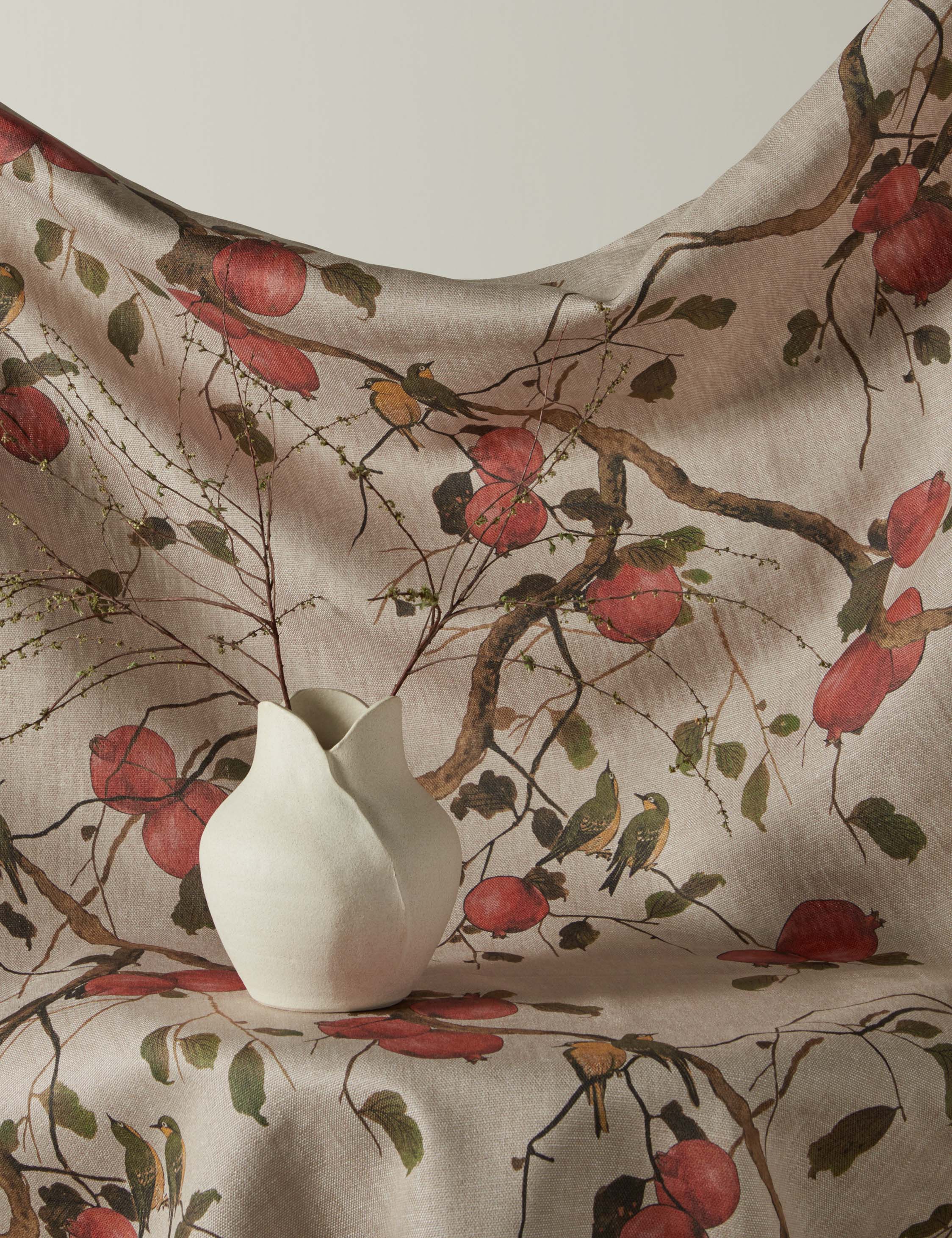 Lulu and Georgia Pomegranate Birds Flax Linen Fabric by Nathan Turner