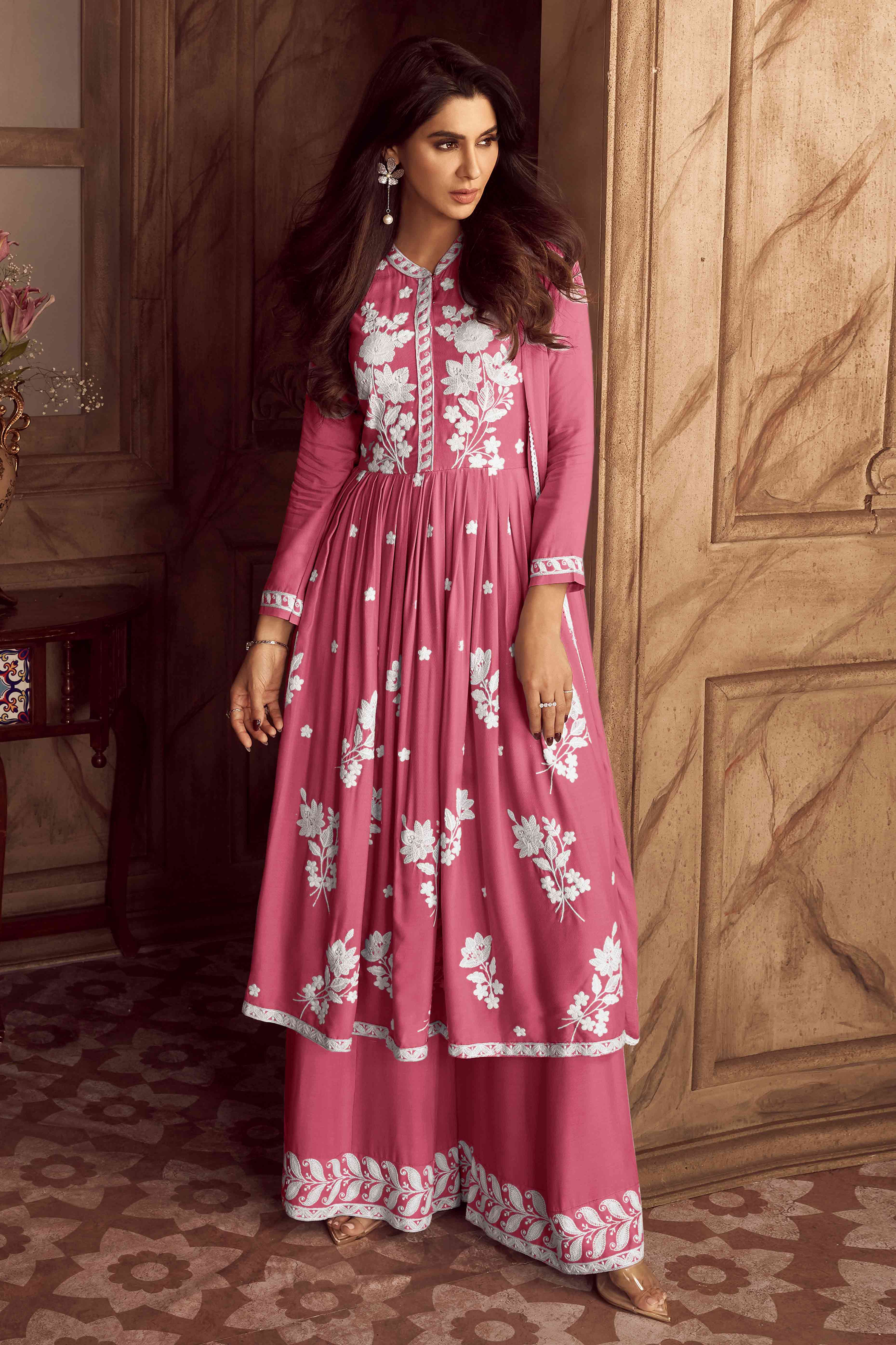 Peachmode Dusty Pink Lucknowi Embroidered Rayon Palazzo Suit