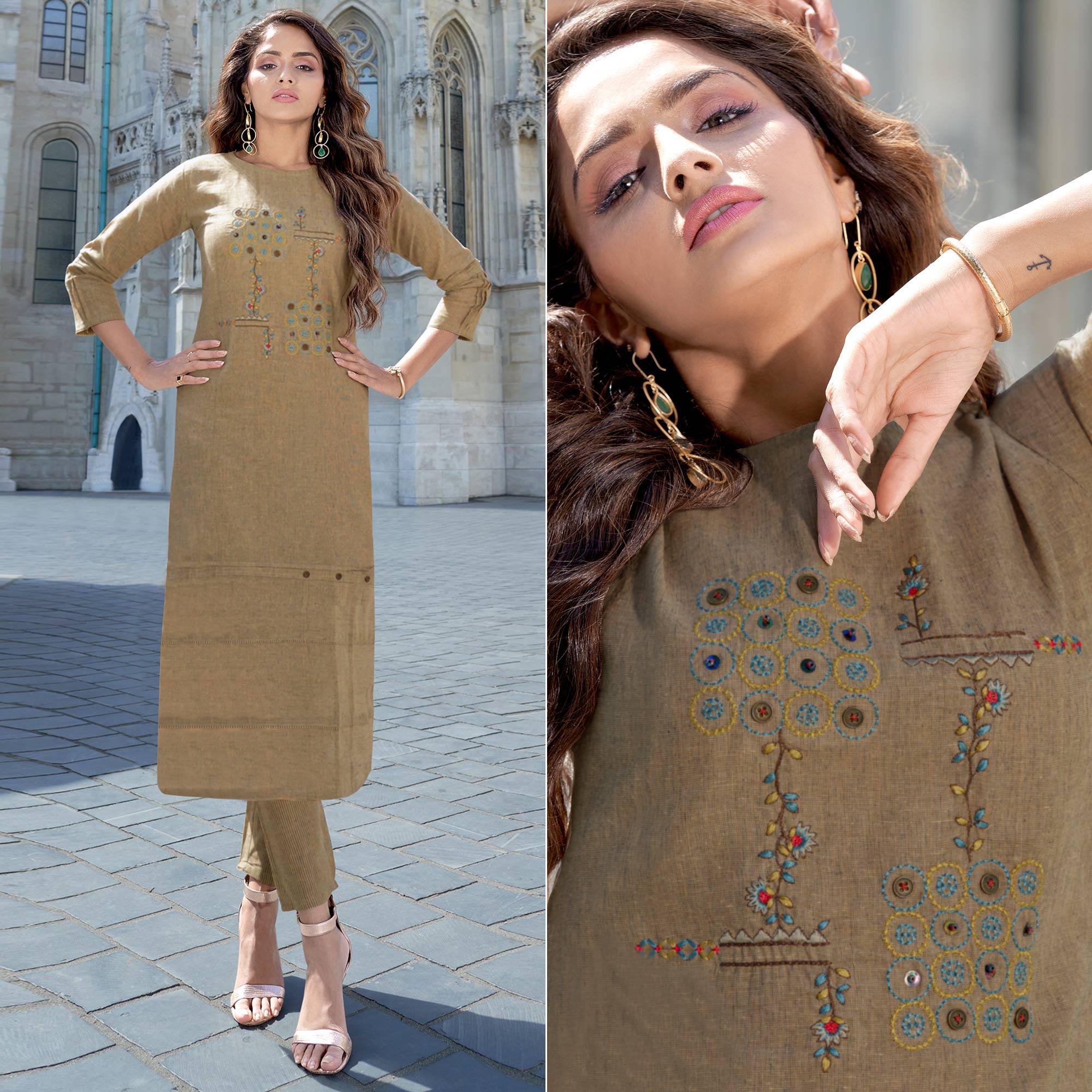 Peachmode Coffee Embroidered Cotton Blend Kurti Pant Set