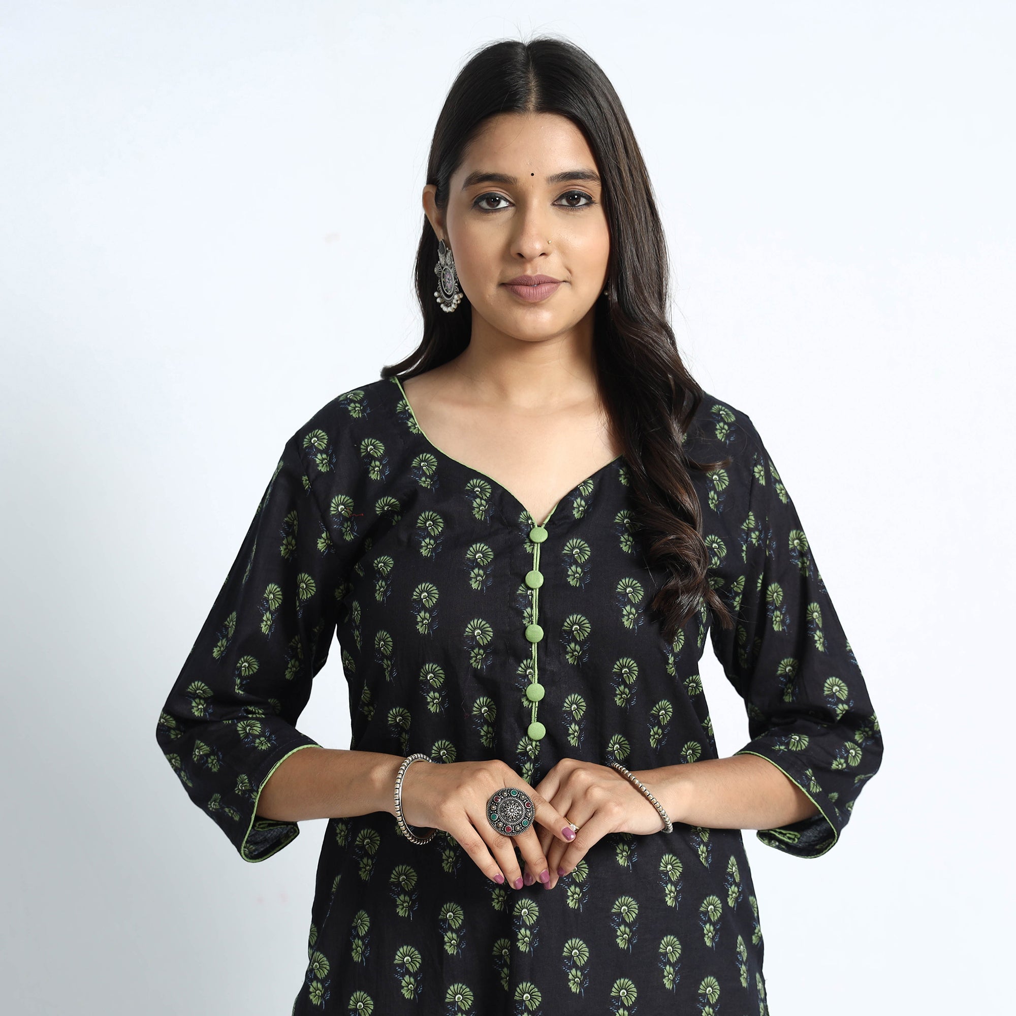 ITOKRI CASUALS Black - Sanganeri Hand Block Printed Cotton Long Kurta