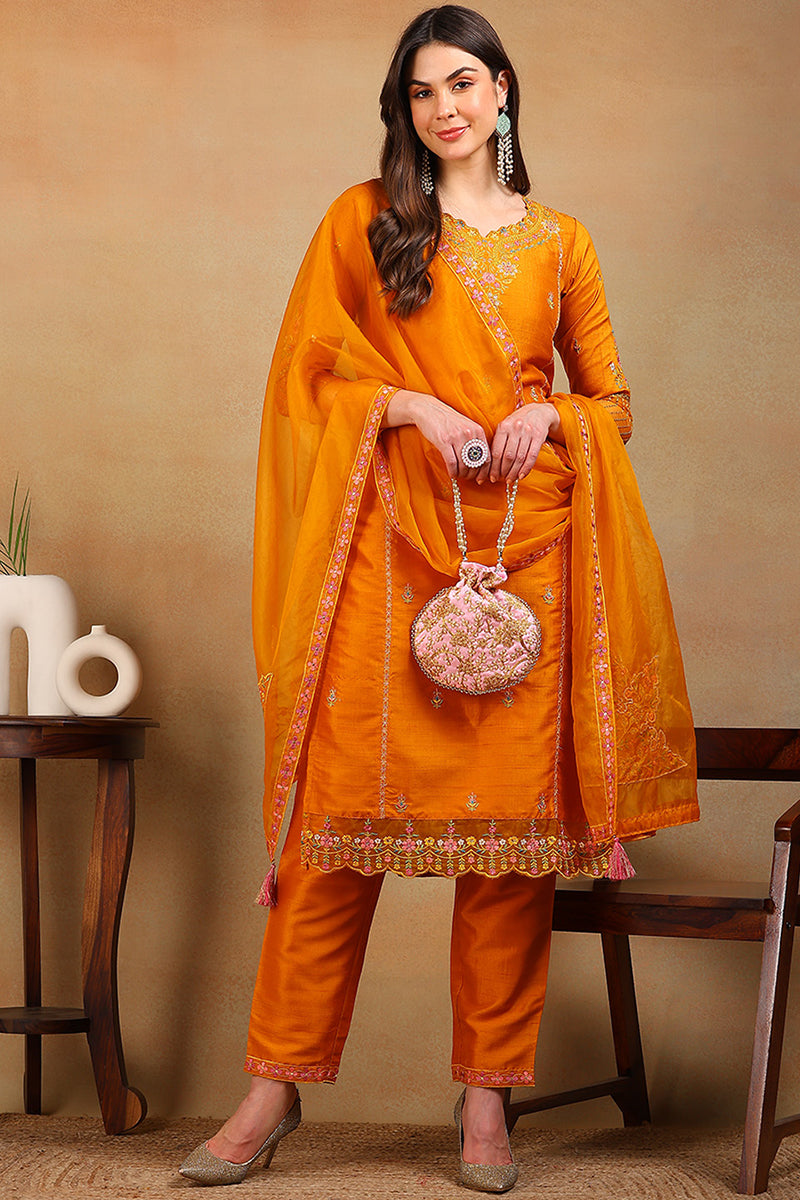 Ahika Mustard Yellow Silk Blend Solid Embroidered Straight Suit Set PKSKD2319