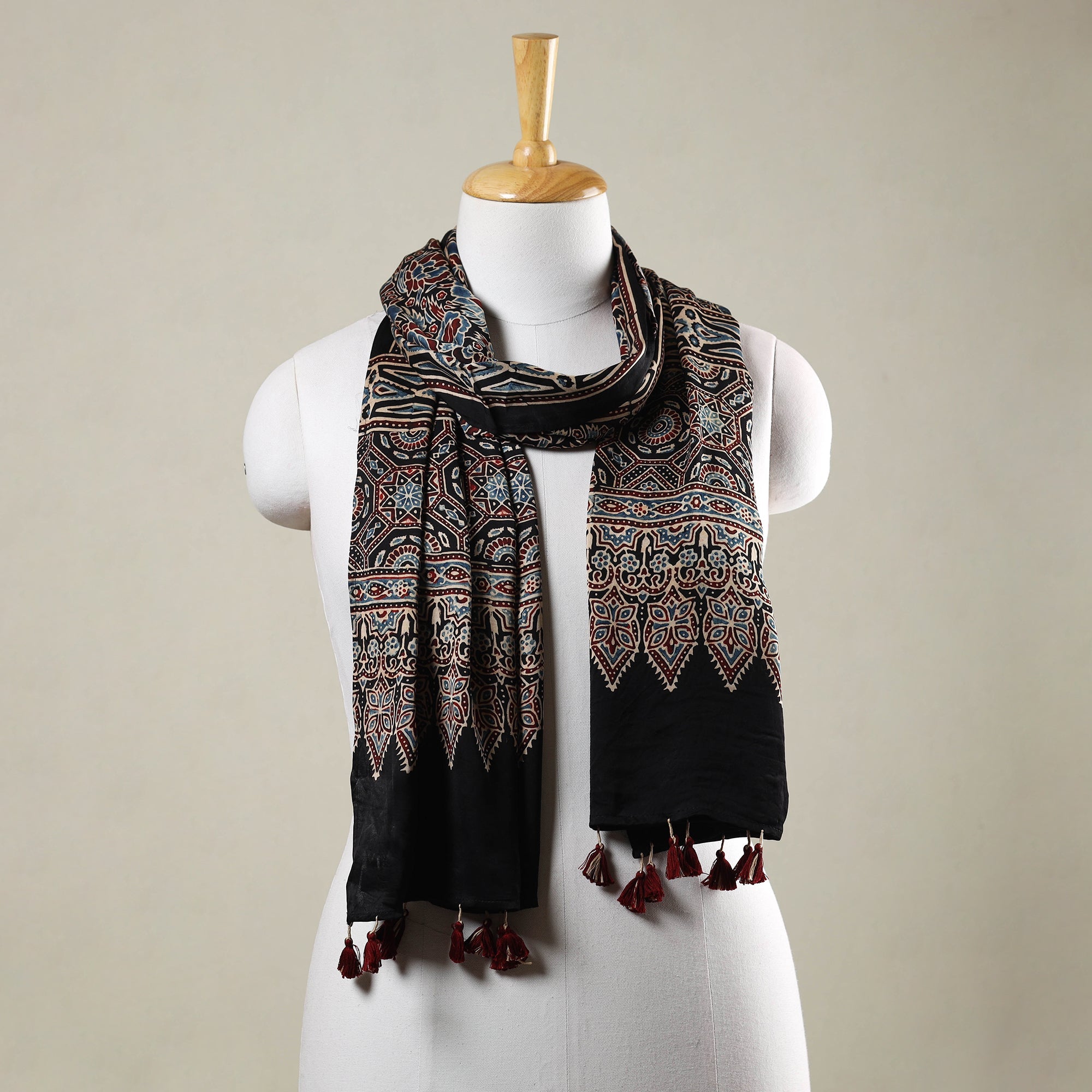 RIYAZ ABDULMAJID KHATRI - AJRAKH Black - Ajrakh Hand Block Printed Modal Silk Stole with Tassels