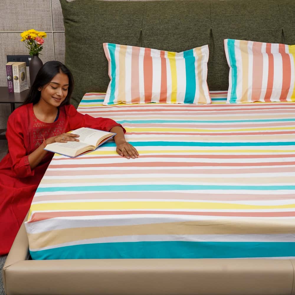 Urban Space -Home Furnishing Store Serene Collection - Breathable 200 TC 100% Pure Cotton Single Bedsheet with Pillow Cover, MultiColour Stripes-Paste