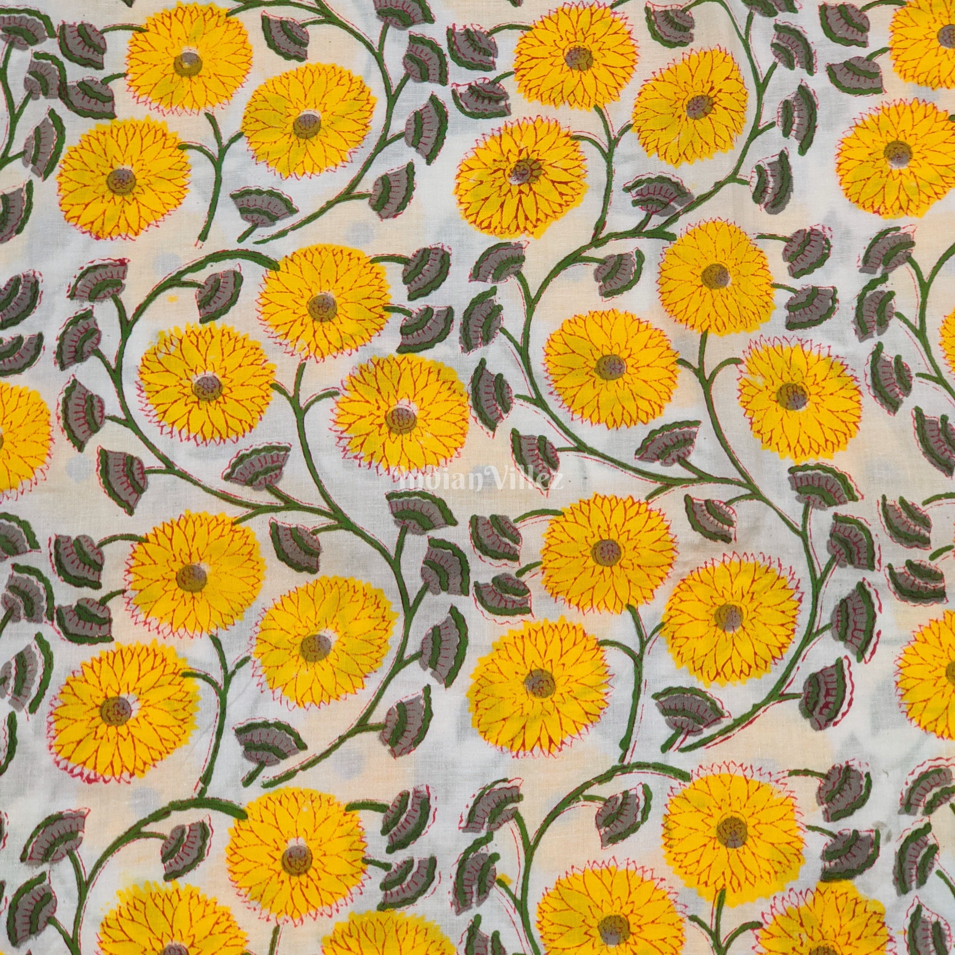 IndianVillèz Yellow Flower Motif Hand Block Printed Cotton Fabric - view 2