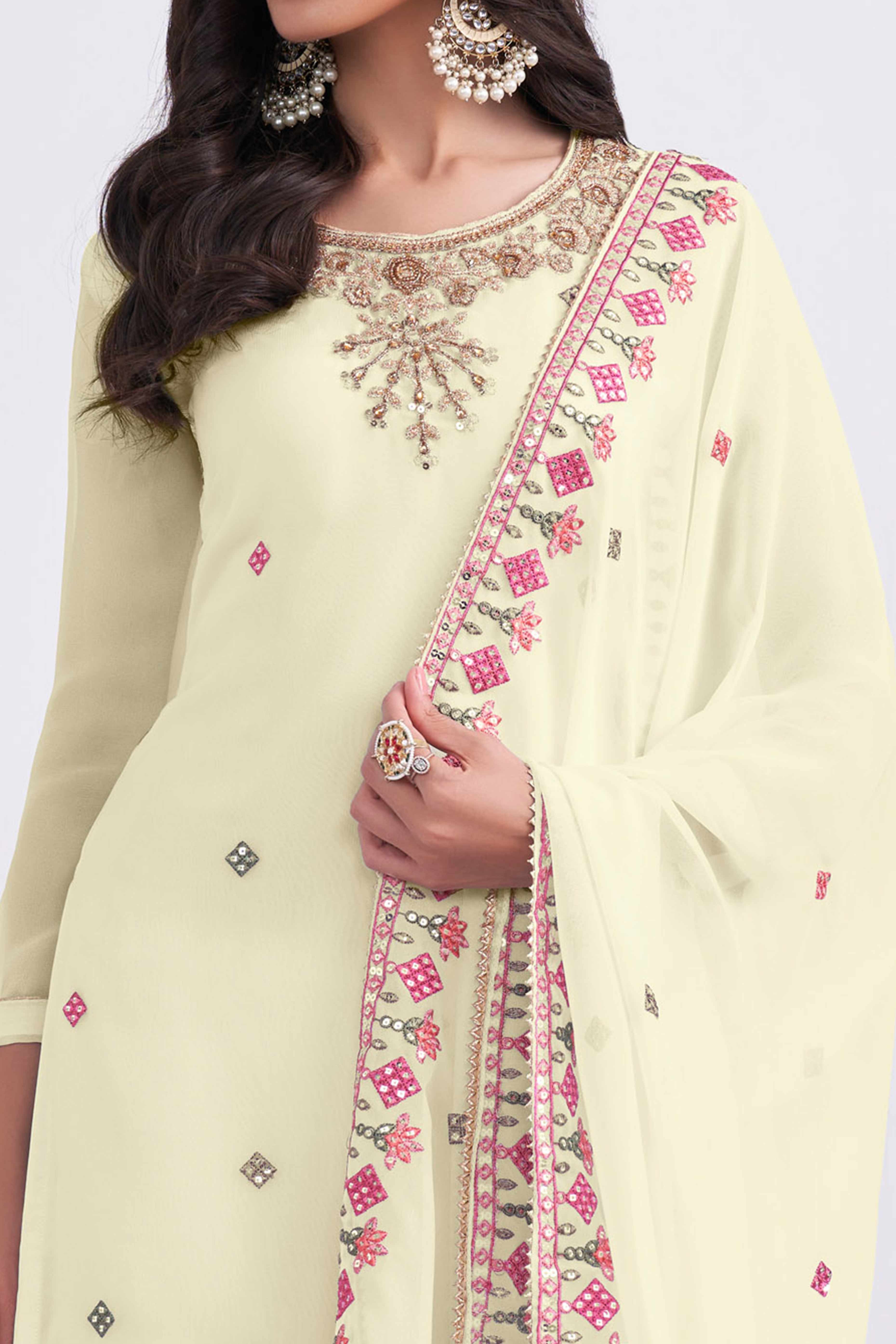 Peachmode Seller Light Yellow Sequins Embroidered With Stonework Georgette Semi Stitched Suit - view 2