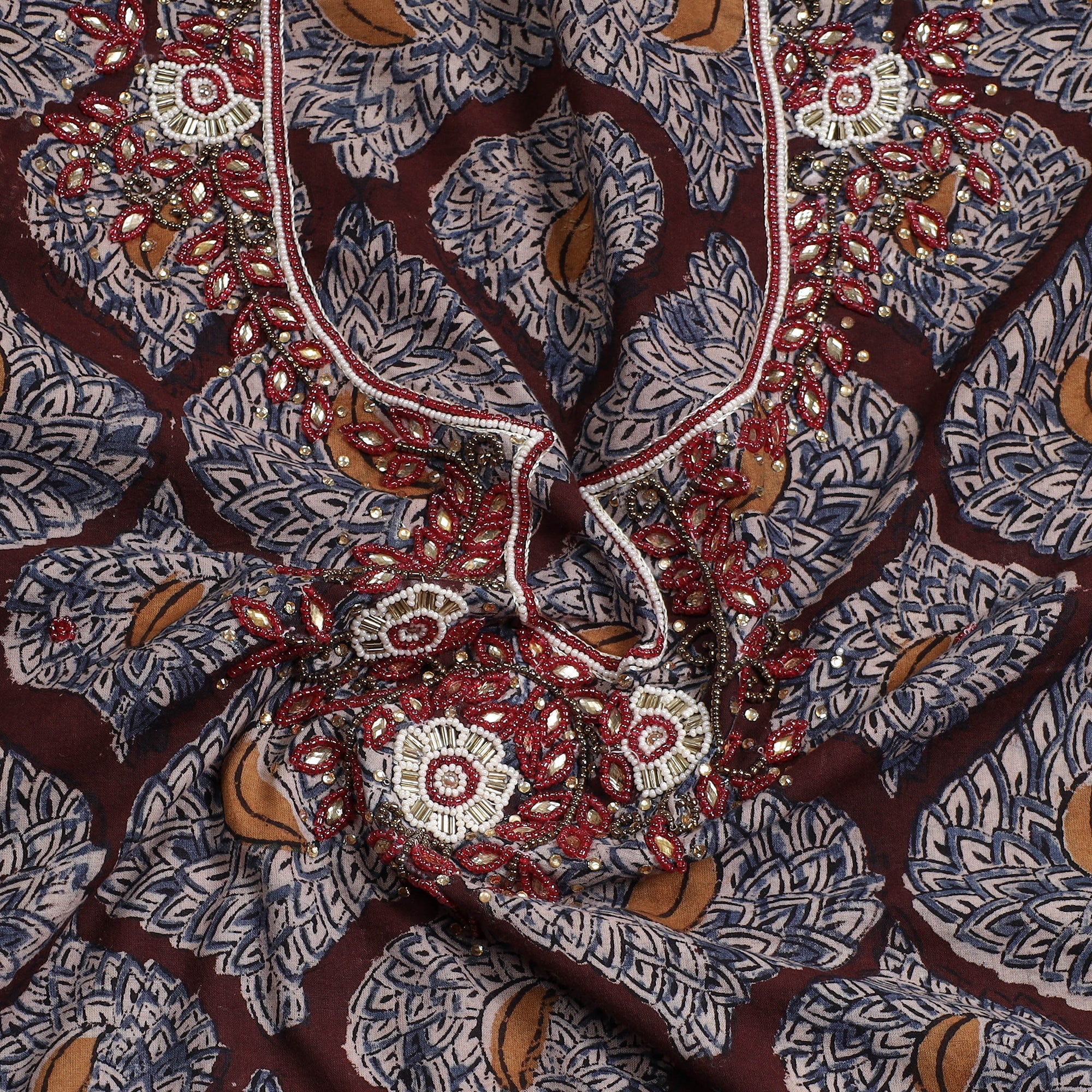 NOORI BAZAR Brown - Kalamkari Block Printed Kundan & Bead Work Hand Embroidery Cotton Kurta Material - 2.6 Meter - view 2