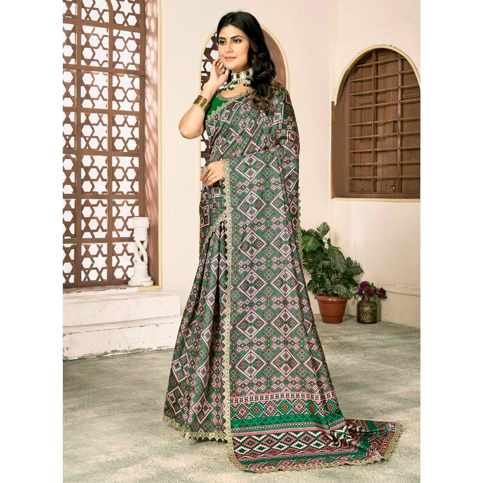 BlackTree green-printed-patola-tussar-silk-sare - view 5