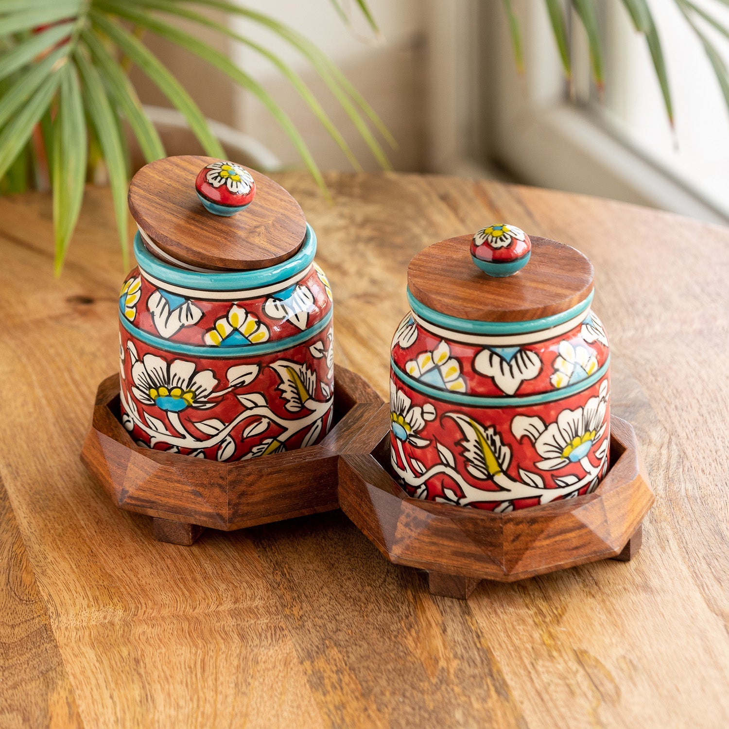 EXCLUSIVELANE 'Mughal Floral' Hand-Painted Ceramic Storage Jars & Containers with Tray (Set of 2, 440 ML)
