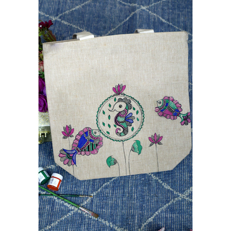 DIORAMA DESIGNS Beige - Handpainted Heritage Cotton Jute Tote Bag - view 2