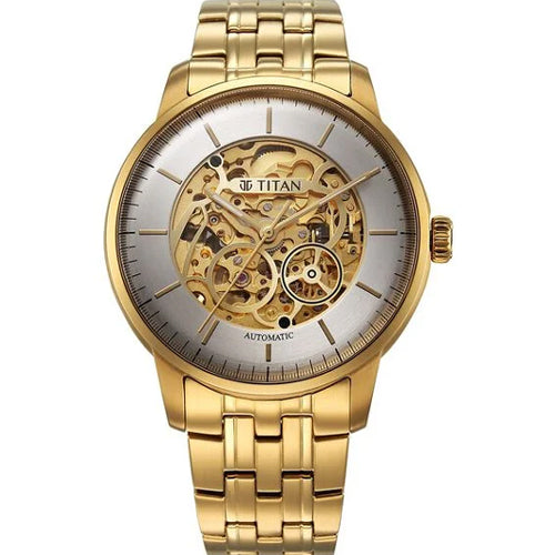 Titan Golden Heart Skeletal Automatic Analog with Silver Dial Yellow Gold Stainless Steel Strap Watch for Men 44mm 90110YM01