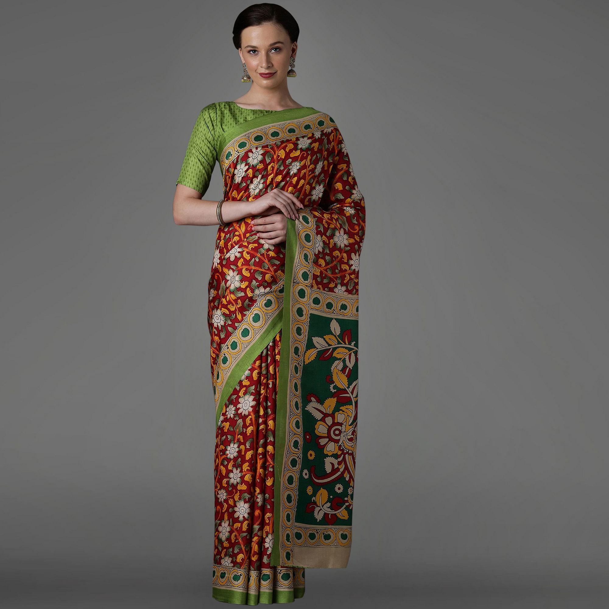 Peachmode Maroon Casual Art Silk Printed Saree With Unstitched Blouse