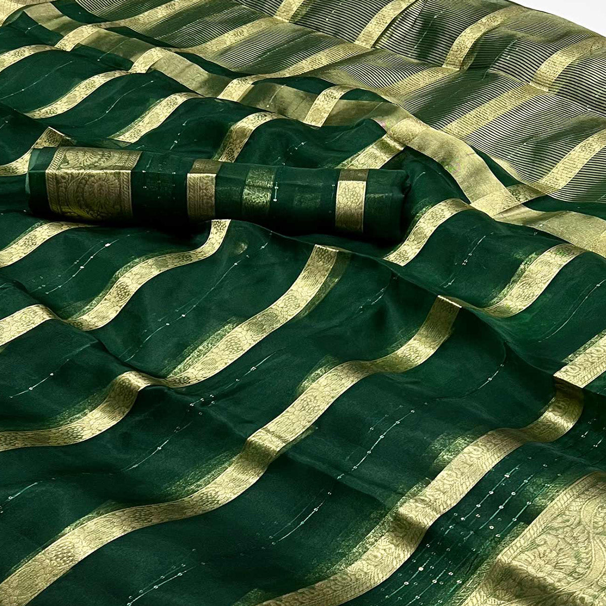 Peachmode Bottle Green Woven Organza Saree – Women's - view 2