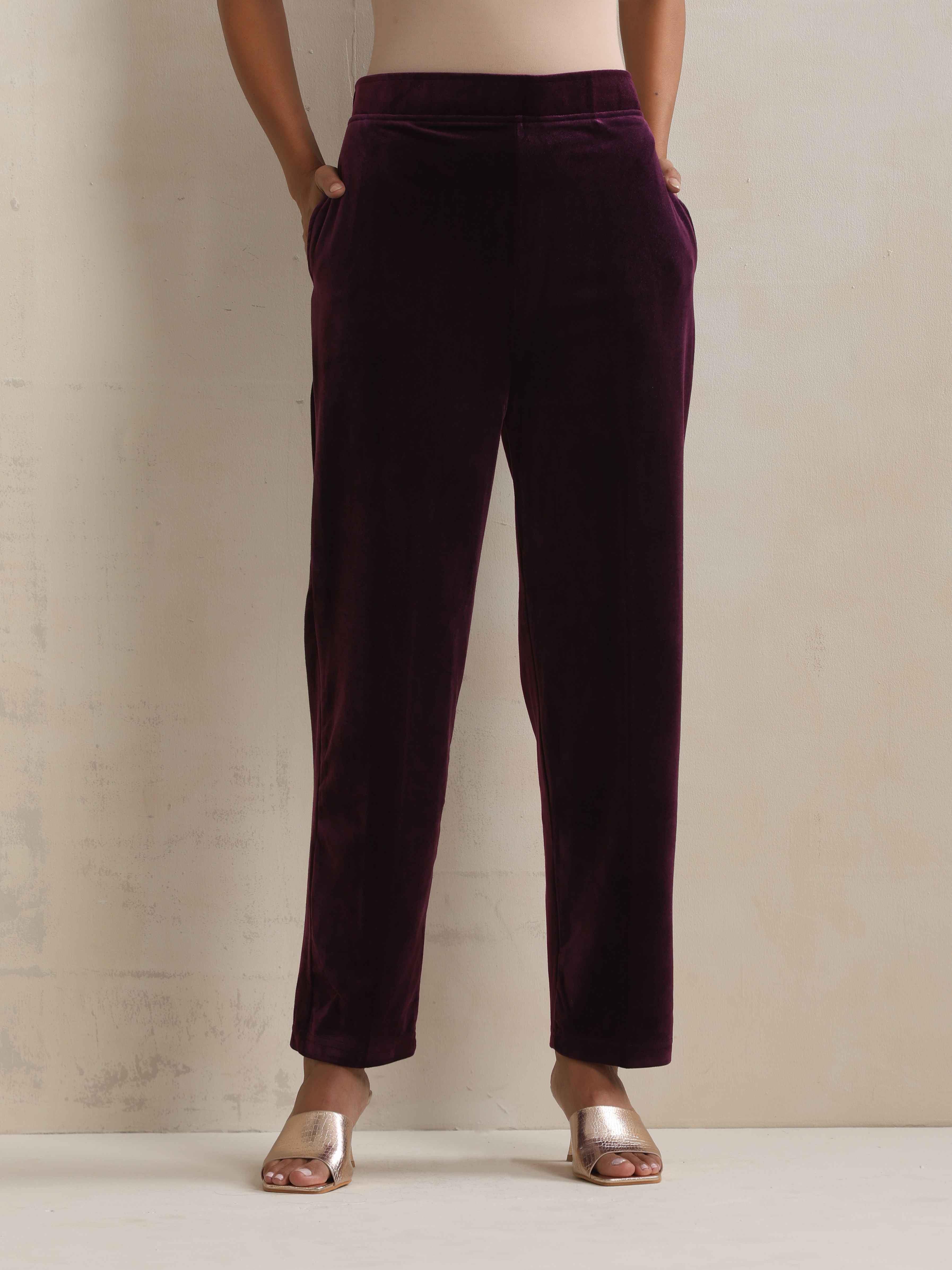 trueBrowns Purple Velvet Floral Embroidered Kurta Pant Dupatta Set - view 10