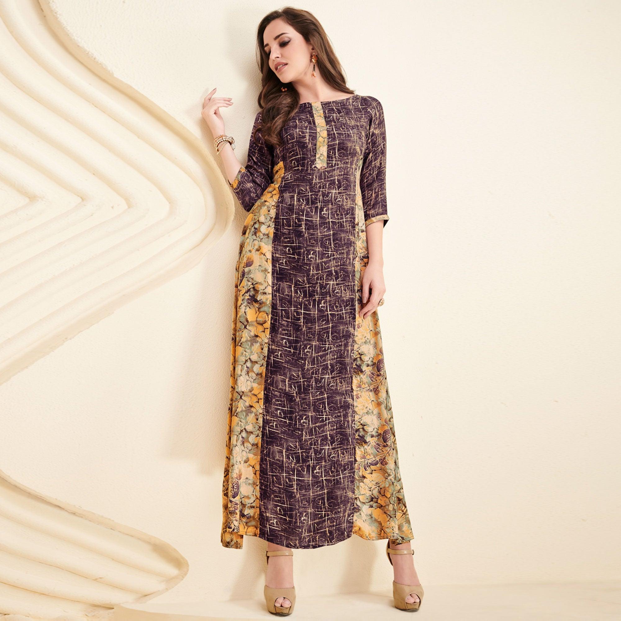 Peachmode Seller Mesmerising Purple-Yellow Colored Partywear Printed Rayon Long Kurti