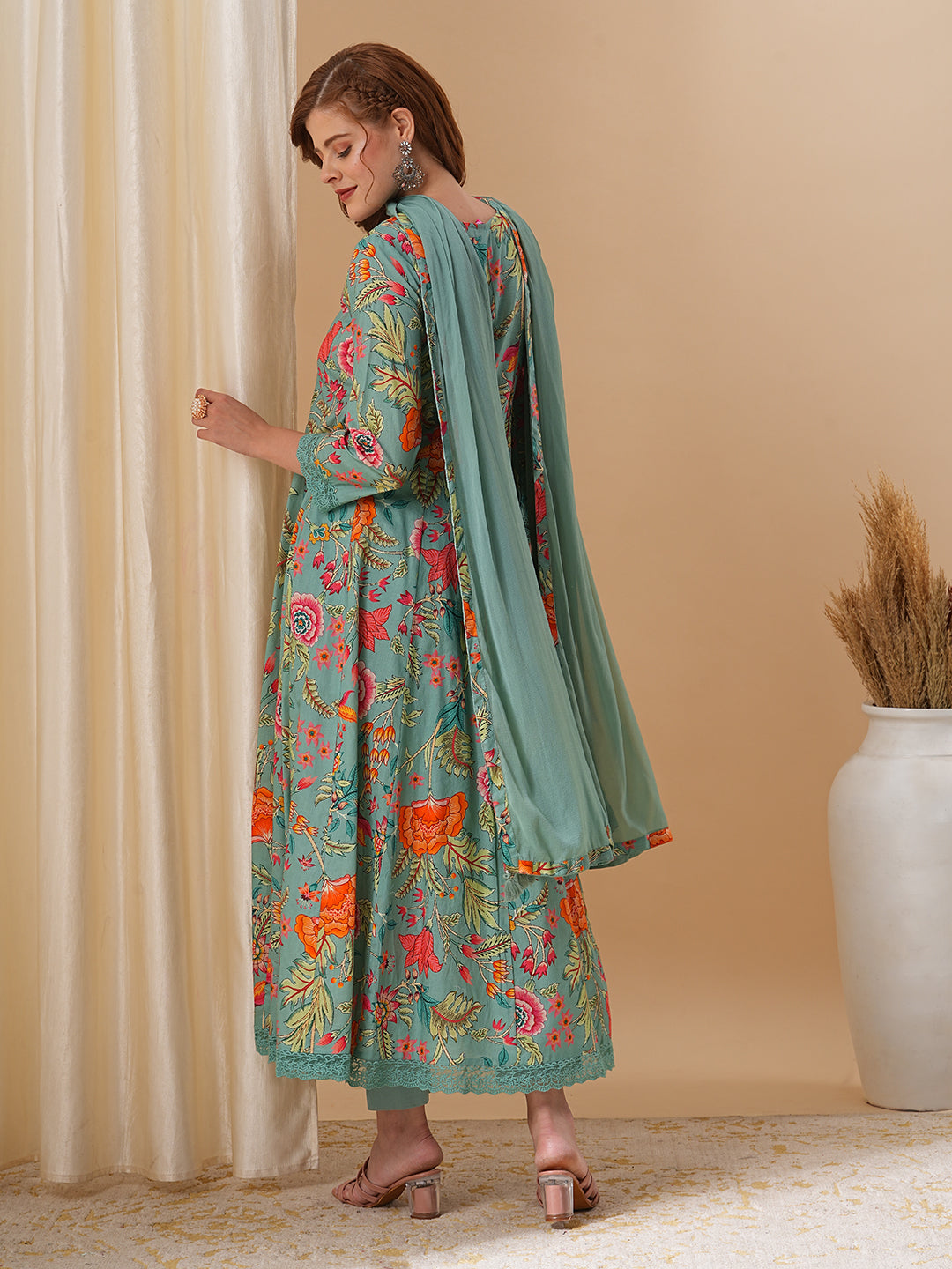 Fashor Floral Printed & Embroidered Anarkali Kurta with Pant and Dupatta - Green - view 6