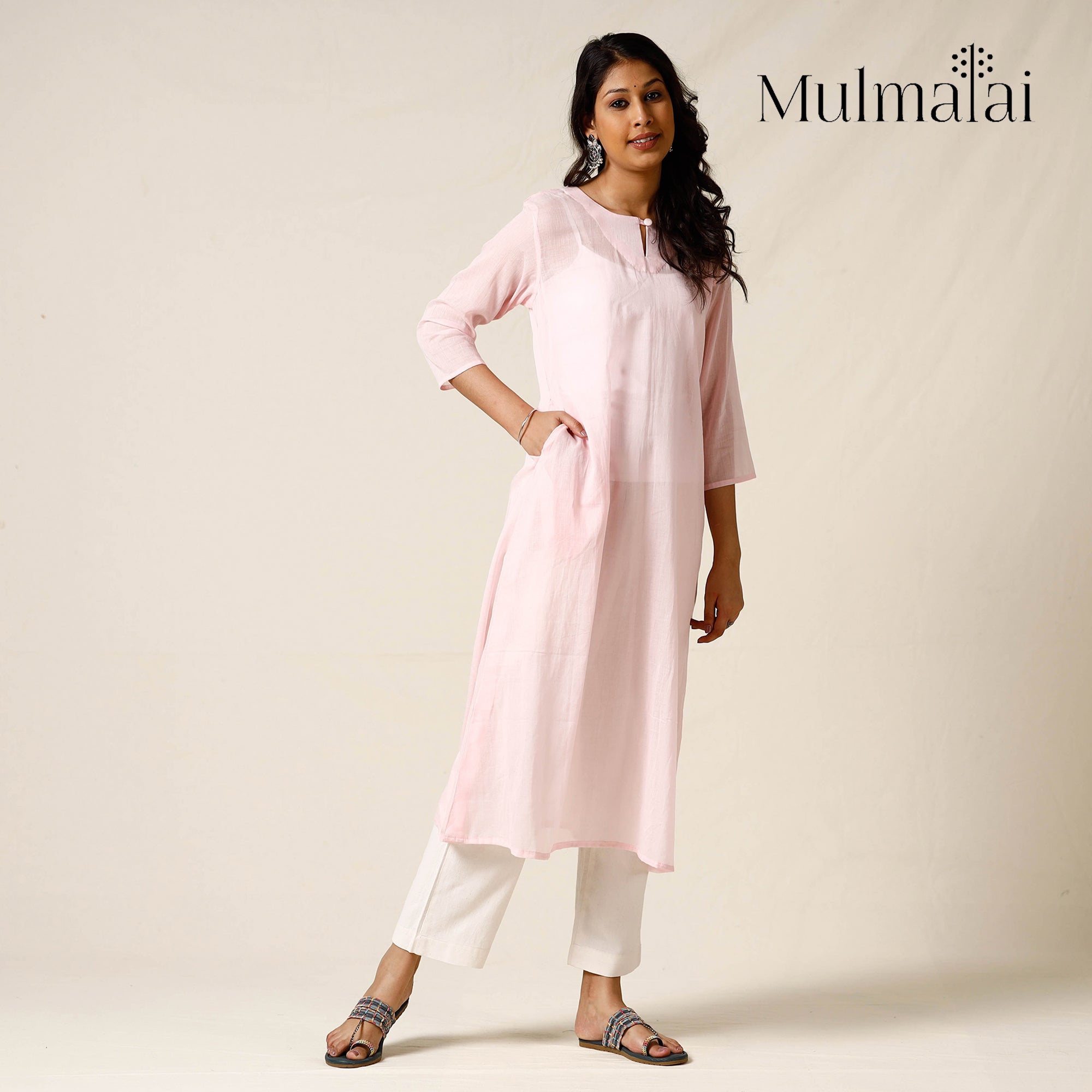 Baby Pink - Mulmalai Cotton Plain Dyed Straight Long Kurta 28 - view 2