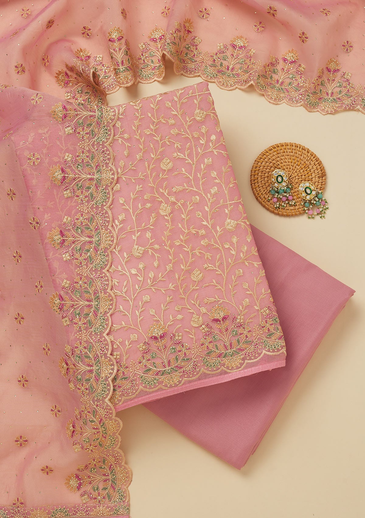 Koskii Pink Threadwork Organza Unstitched Salwar Suit