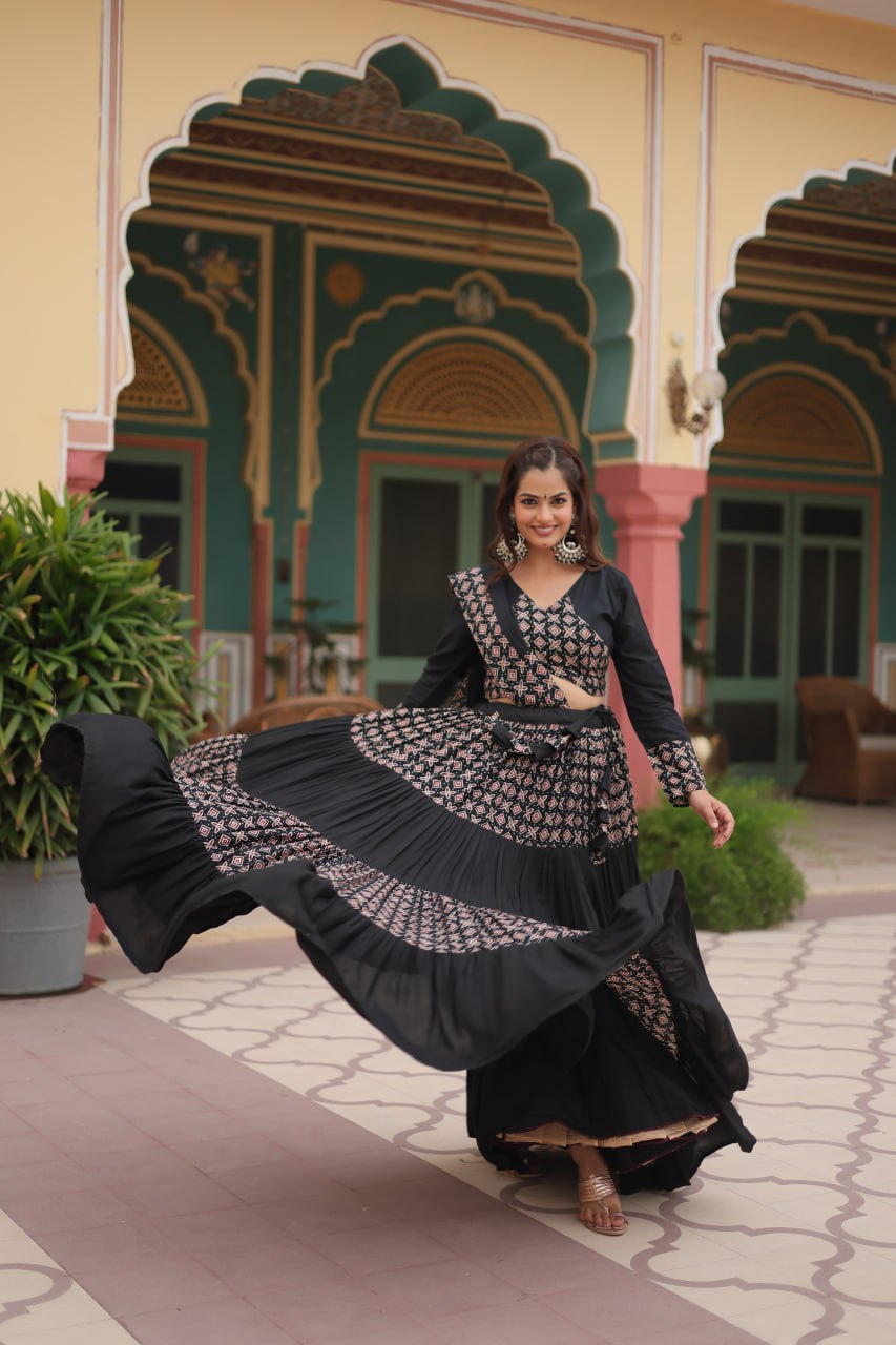 ClothsVilla Black Printed Rayon Lehenga Choli Set with 4-Layer Frill Stitch - view 2